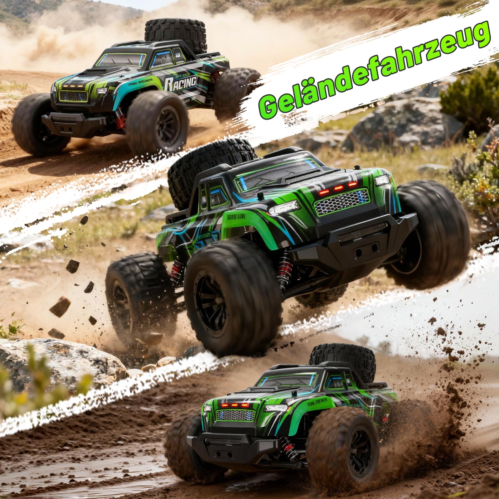 Macchina Telecomandata - Auto telecomandata ad alta velocità 1:16 38 km/h 4x4 All Terrains 2.4G RC Truck con luci RGB respiranti Veicolo RC fuoristrada con 2 batterie ricaricabili - Verde