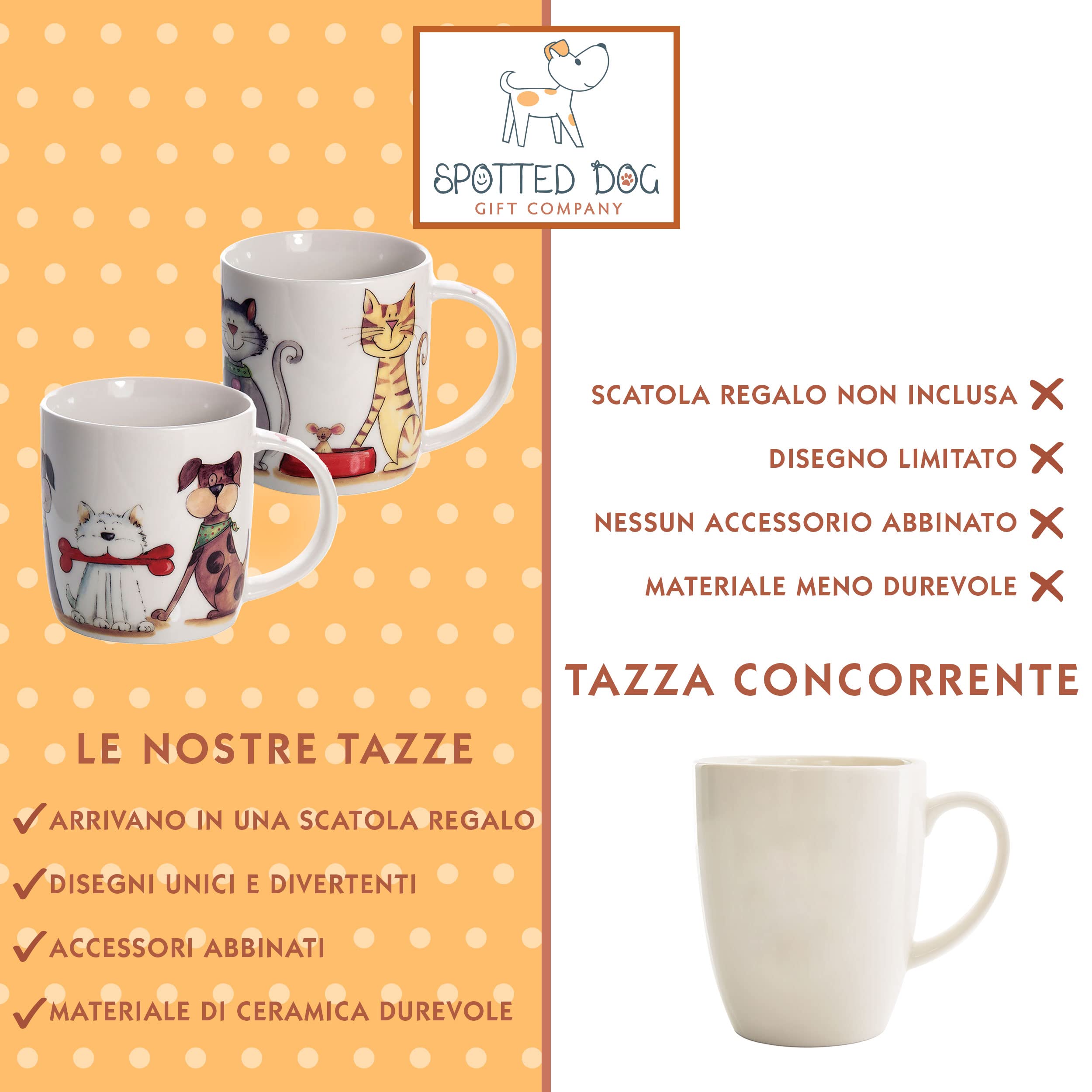 SPOTTED DOG GIFT COMPANY Set di 2 Tazze da Caffè in Ceramica 350 ml per Caffè e Tè, Tazze con Gatti e Tazze con Cane, Regalo per Gattara e Amanti dei Cani