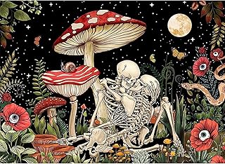 Mushroom Stamped Cross Stitch Kits, Skeleton Trippy Flower Plant Cross Stitch Ornament Kits for Adults Beginners,Hippie Cool Nature Moon Star Cross-Stitch Stamped Kits for Home Wall Decor 12x16 inch