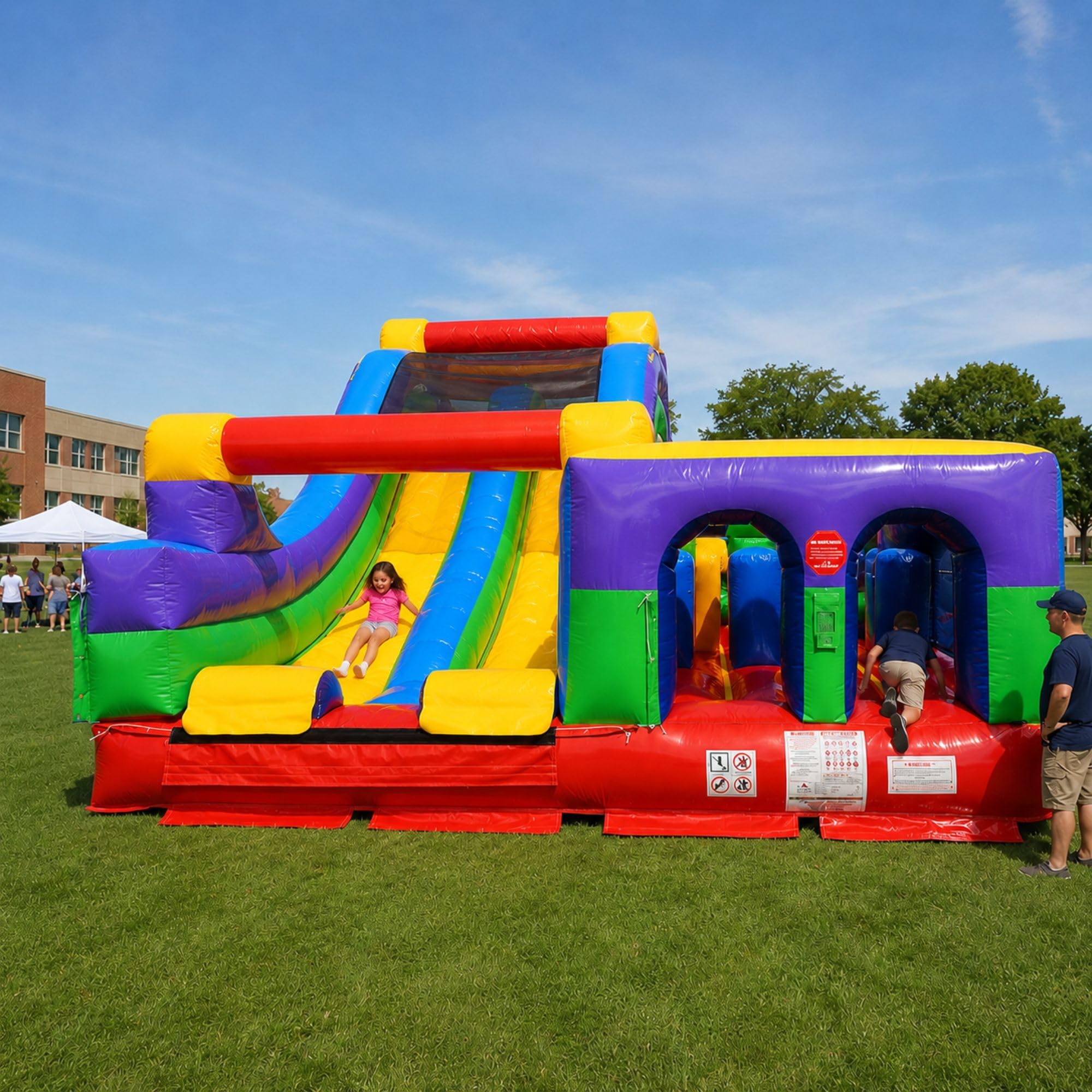 TentandTable Giant Inflatable Obstacle Course Rock Climb & Slide, Rainbow | Heavy-Duty 15oz Vinyl, Retro Inflated Relay Race with Climbing Wall for Teens & Adults, w/ Blower, Stakes, & Storage Bag