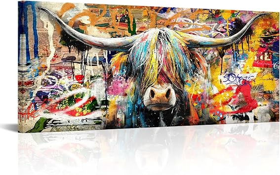 sechars Highland Cow Wall Art Colorful Cow Painting Canvas Prints Abstract Graffiti Style Wall Decor Modern Living Room Decoration 20x48 Inch