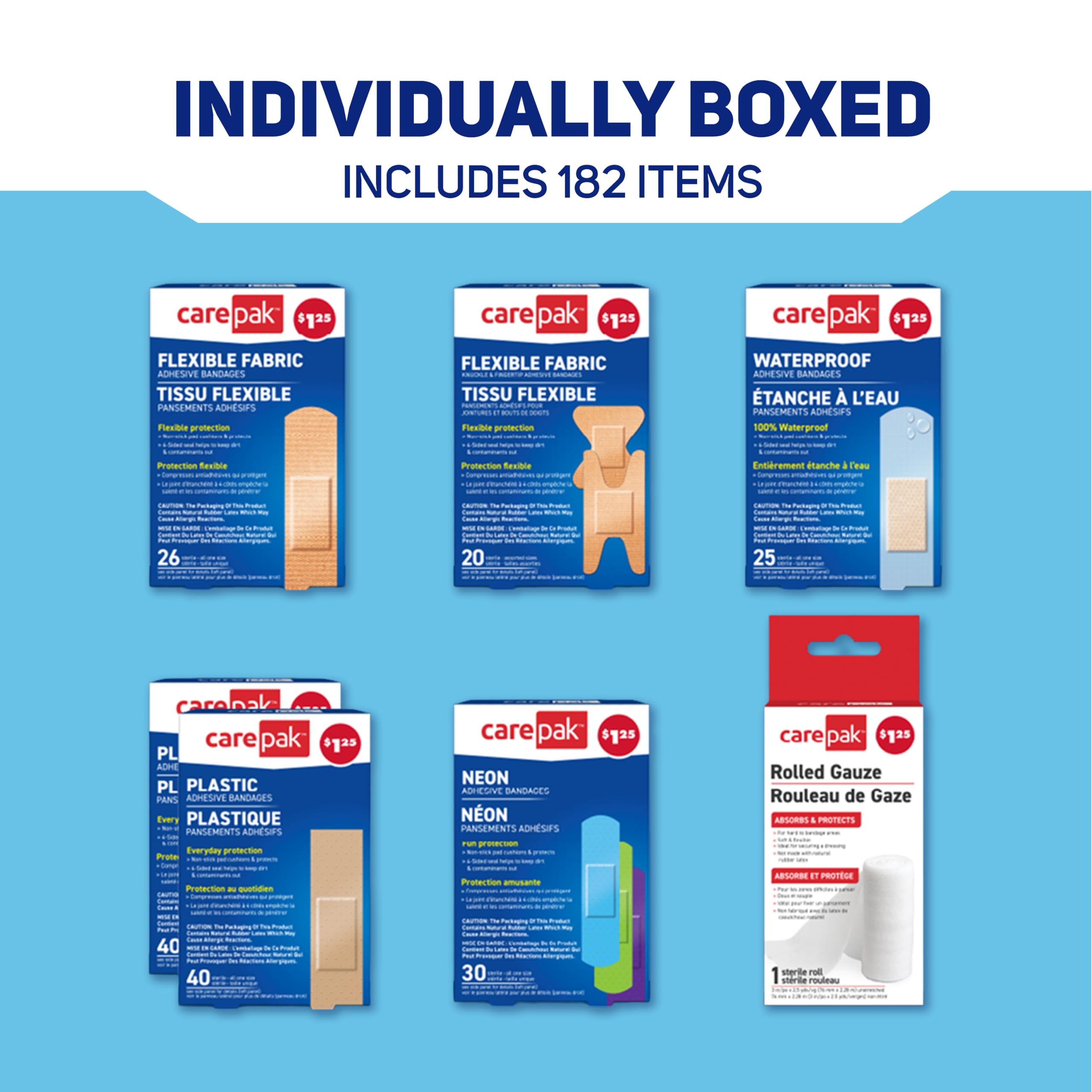 Care Science CarePak - Confezione assortita, 182 pezzi, misure assortite | Assortimento di bende confezionate singolarmente e garza arrotolata. Include bende trasparenti, impermeabili e in plastica