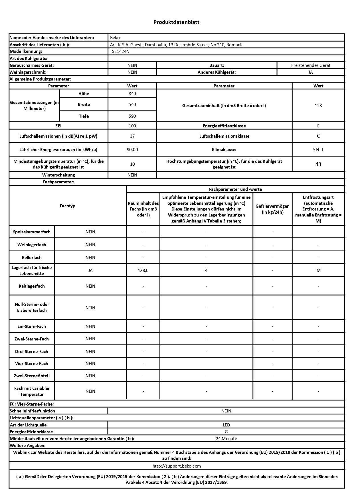 Beko TSE1424N réfrigérateur Autoportante 128 L E Blanc