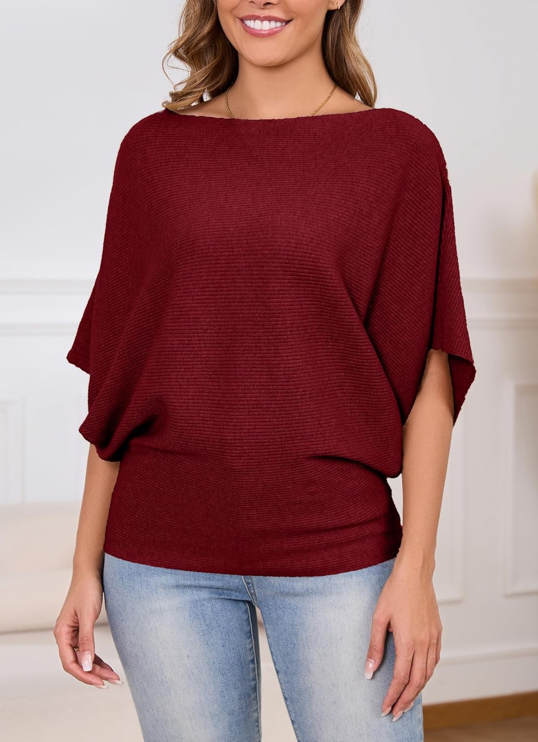 MAKARTHY Womens Batwing Sleeves Knitted Dolman Pullovers Boat Neck Tops Sweatershirts - Image 4