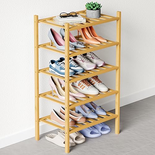 Miniatura 16 de Smiry Zapatero de bambú para clóset, organizador de zapatos apilable de 4 niveles largo de madera, estante de almacenamiento de zapatos Negro