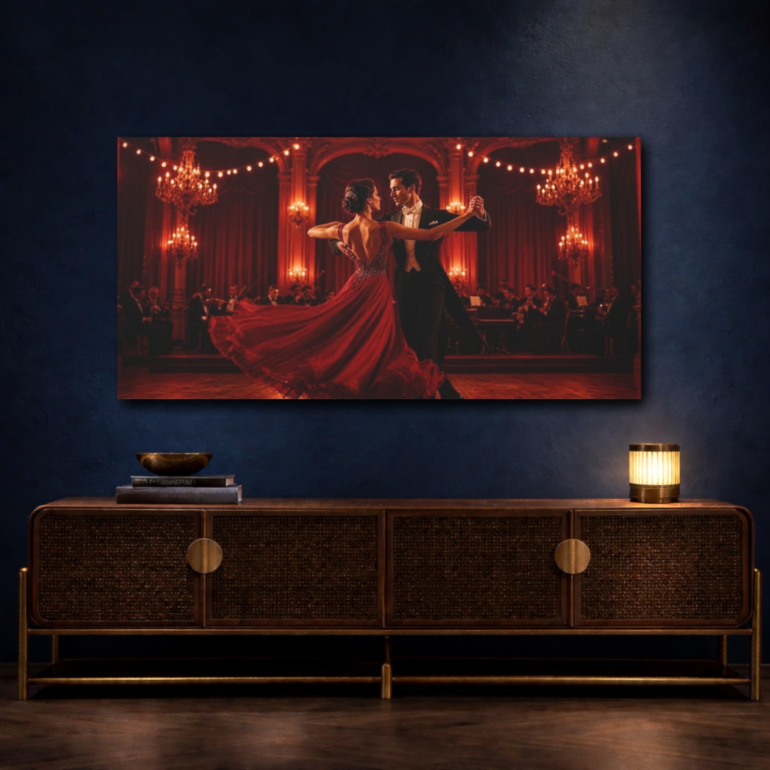 Crimson Ballroom Waltz Canvas Print – Living Room, Above Console Table 40×20 inch (100×50 cm) - Horizontal / 1.25 inch (3 cm)