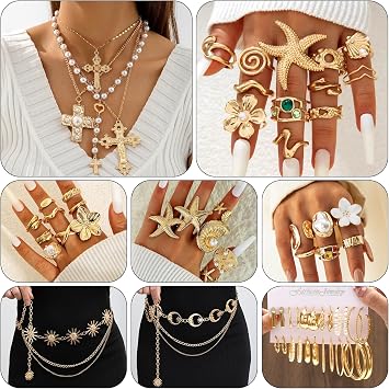 Mystery Jewelry Jar for Women - Vintage Golden Surprise Jewelry Box with Necklaces Rings Earrings and Belt Chain, Multi Style Alternative Fashion Romantic Present for Her Birthday Party