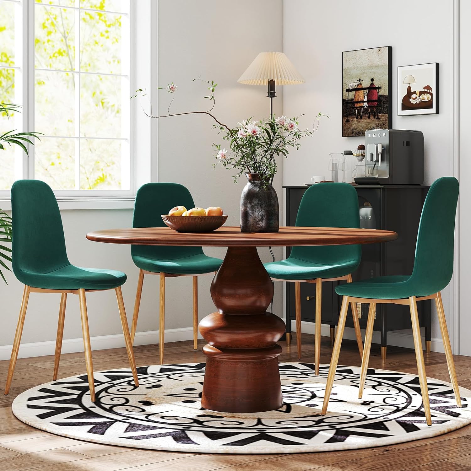 Artist hand Mid-Century Modern Dining Chairs Set of 4, Retro Green Velvet Upholstered Accent Chairs with Metal Legs, 97° Ergonomic Backrest, 330 LBS Capacity for Dining Room Living Room Bedroom