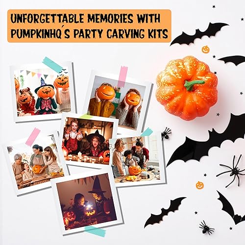 Miniatura 8 de Kit de fiesta de tallado de calabaza de Halloween, 8 cuchillos, cucharas, hojas de plantillas de bricolaje, cubos intestinales y cubierta de mesa,