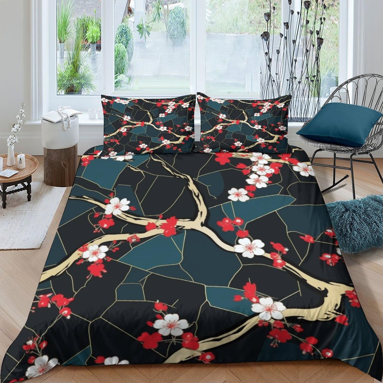 Housse de couette imprimé 3D fleurs de cerisier parure de lit japonaise haute définition