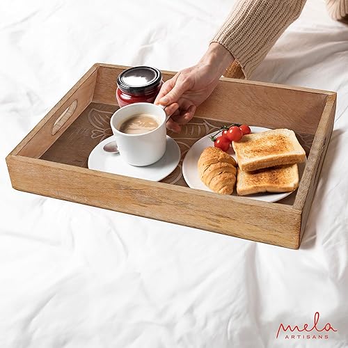 Miniatura 4 de Bandejas decorativas de madera pulida mediana con asas, bandeja de granja "Trellis para mesa auxiliar" - Bandeja de madera para servir en la cama -