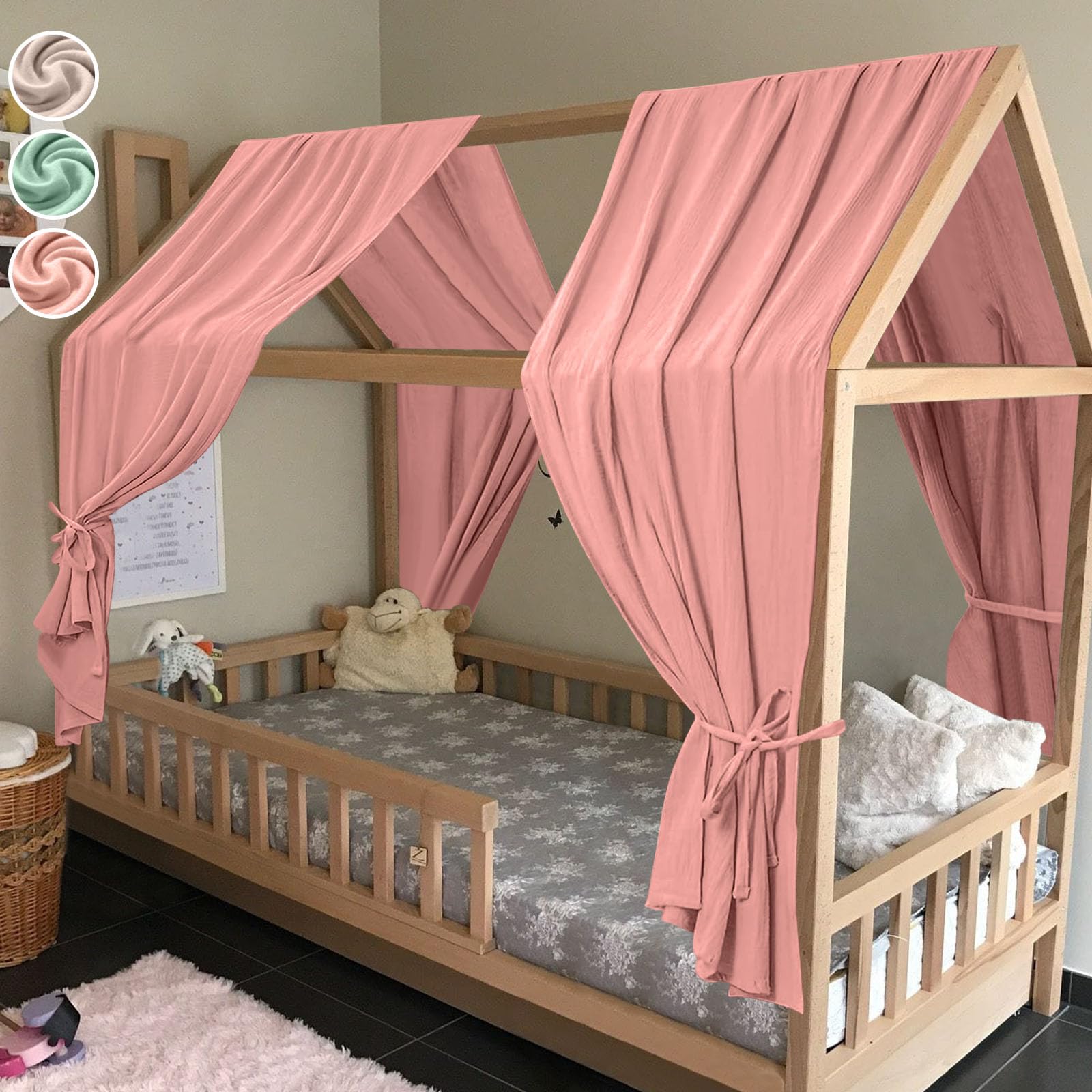 HOTUT 2xDosel, 130 x 320cm Juego de Decoración para Cama de Casa, Dosel para Cama de Niños con Volantes, Mosquitero Decoración, Dosel Cama Compatible Cama Montessori para Niños y Niñas-Rosa