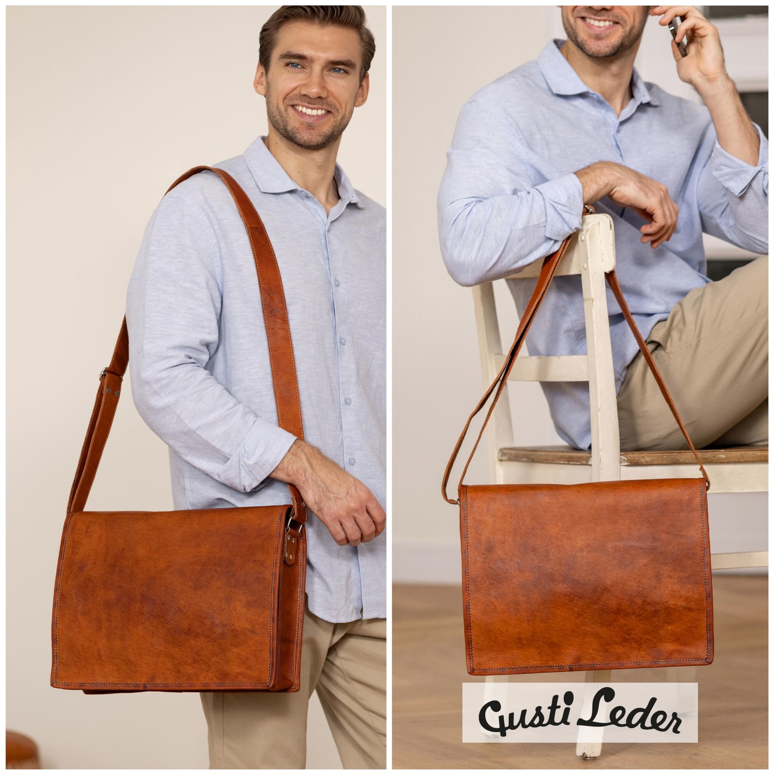 Gusti Leder „Max“ Leder Umhängetasche – Hochwertige Vintage Messenger Bag für 15" Laptop, Unisex, Naturbraun