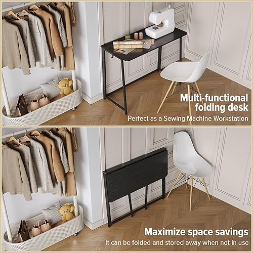 Miniatura 5 de WOHOMO Escritorio plegable, escritorio plegable de escritura estrecha de 39.4 pulgadas, mesa para computadora portátil que ahorra espacio, estación