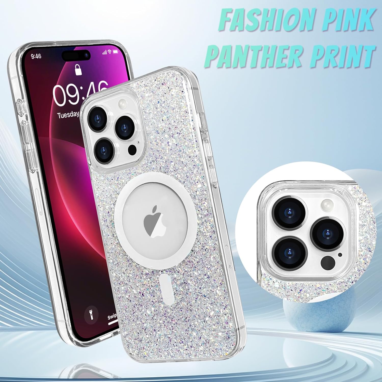 Bonoma for iPhone 16 Pro Case Sparkly Glitter Bling Back, Magnetic Support for MagSafe Shockproof, Crystal and Clear High-Duty Protection for Girls Women-Glitter Crystal - Image 2