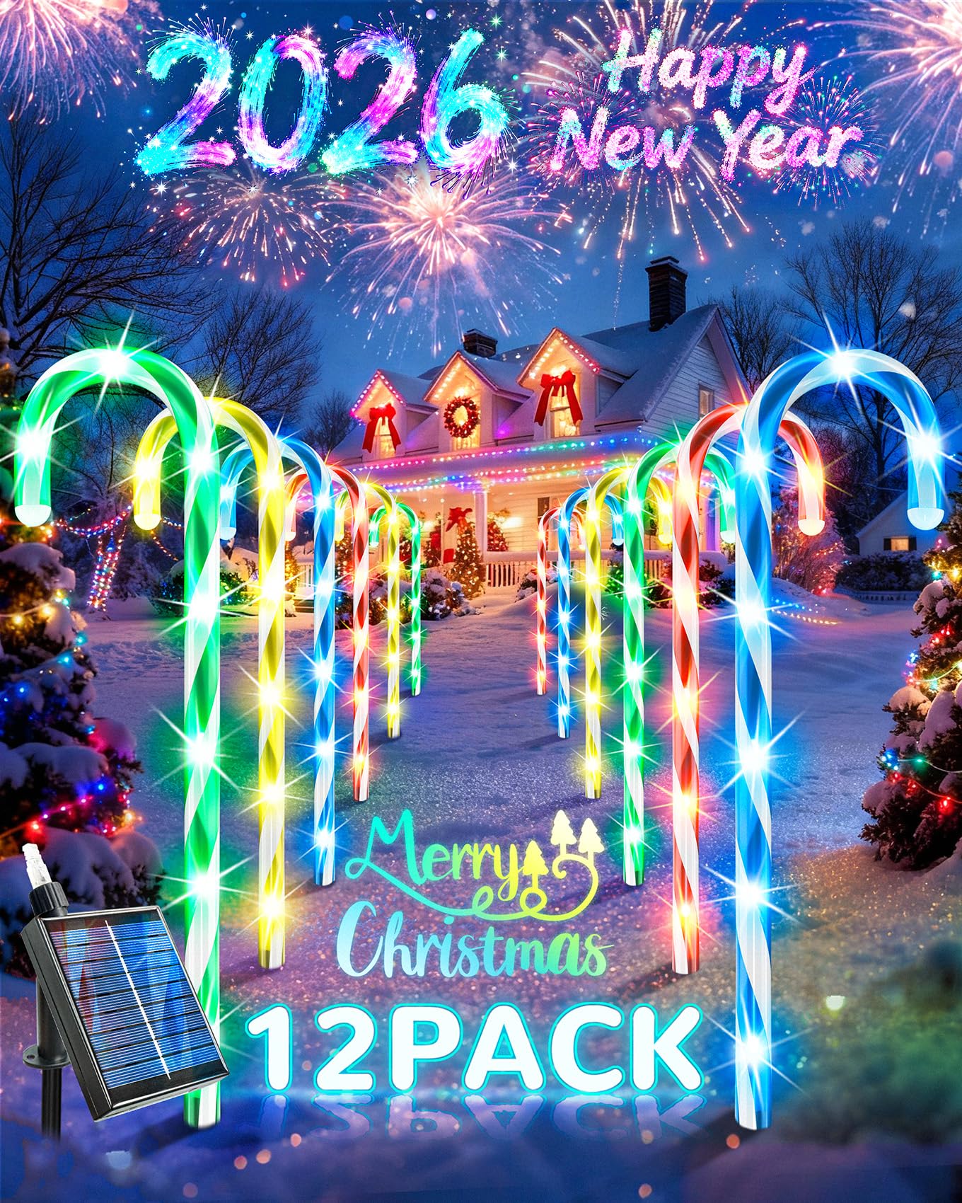Anordsem Solar Christmas Decorations Outdoor: 21" Candy Cane Stake Lights 12 Pack - Waterproof LED 8 Colorful Lighting Models for Pathway Yard Garden Xmas Decor - 2026 New Year Gifts for Homeowners