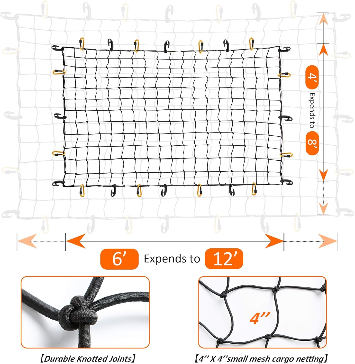 Kayphyeo Cargo Net Set, 4x6FT Bungee Truck Bed Net Stretchable to 8x12FT, 12PCs Metal Carabiner Clips and 12PCs Universal Hooks, Truck Bed Accessories for Pickup Truck Trailer Luggage Net