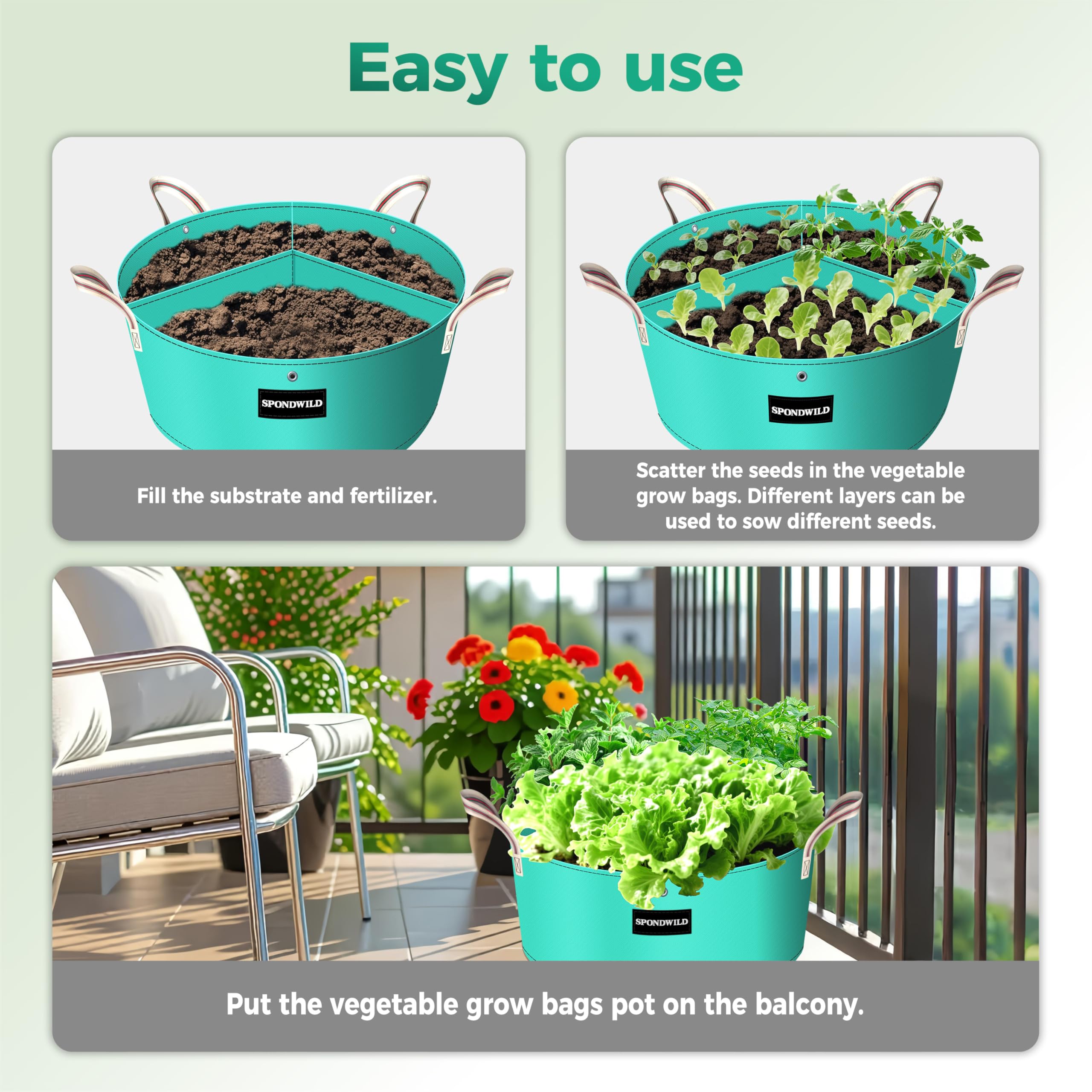 Lot de 2 Sacs de Culture 379 L 3 Compartiments, PE épais avec Trous de Drainage et Fixation, réutilisables pour Pommes de Terre, légumes et Fleurs