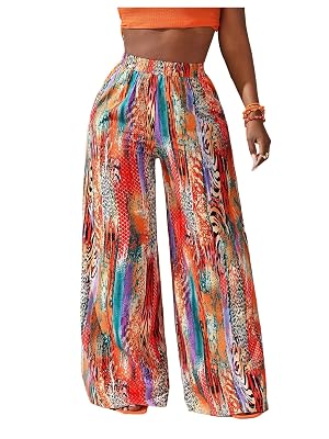 Womens Boho Printed Palazzo Pants Elastic High Waist Wide Leg Casual Trousers