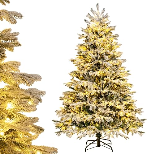 Goplus Árbol de Navidad flocado de nieve preiluminado de 6 pies, árbol de Navidad artificial con bisagras con 350 luces LED blancas cálidas, 1022