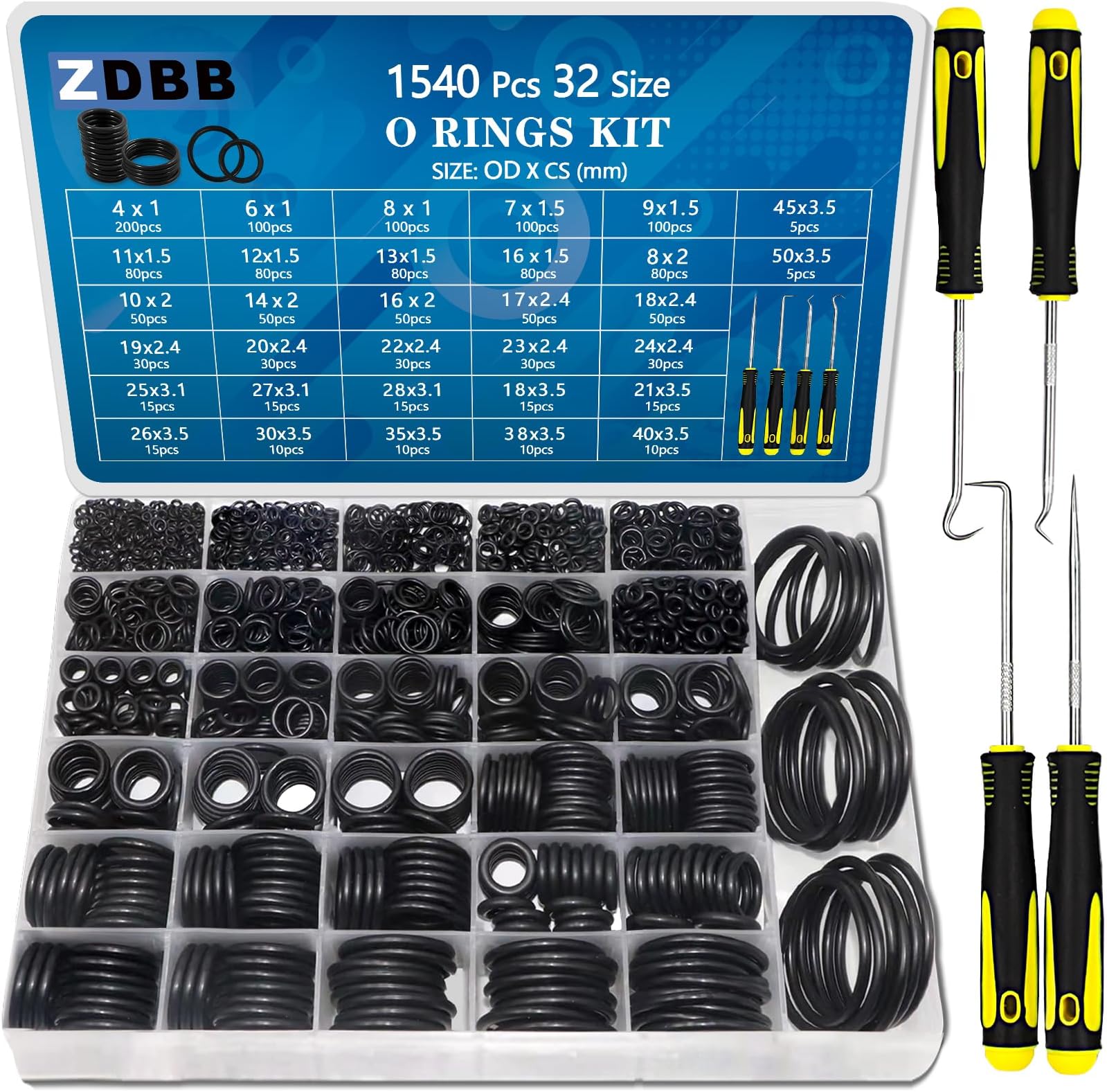 TWCC 32 Size 1440 Pcs O Rings Assortment Kits Metric Nitrile NBR Rubber Washer with Pick and Hook Set for Car Faucet Pressure Plumbing Repair,Air or Gas Sealing Connections,OD 4mm-50mm