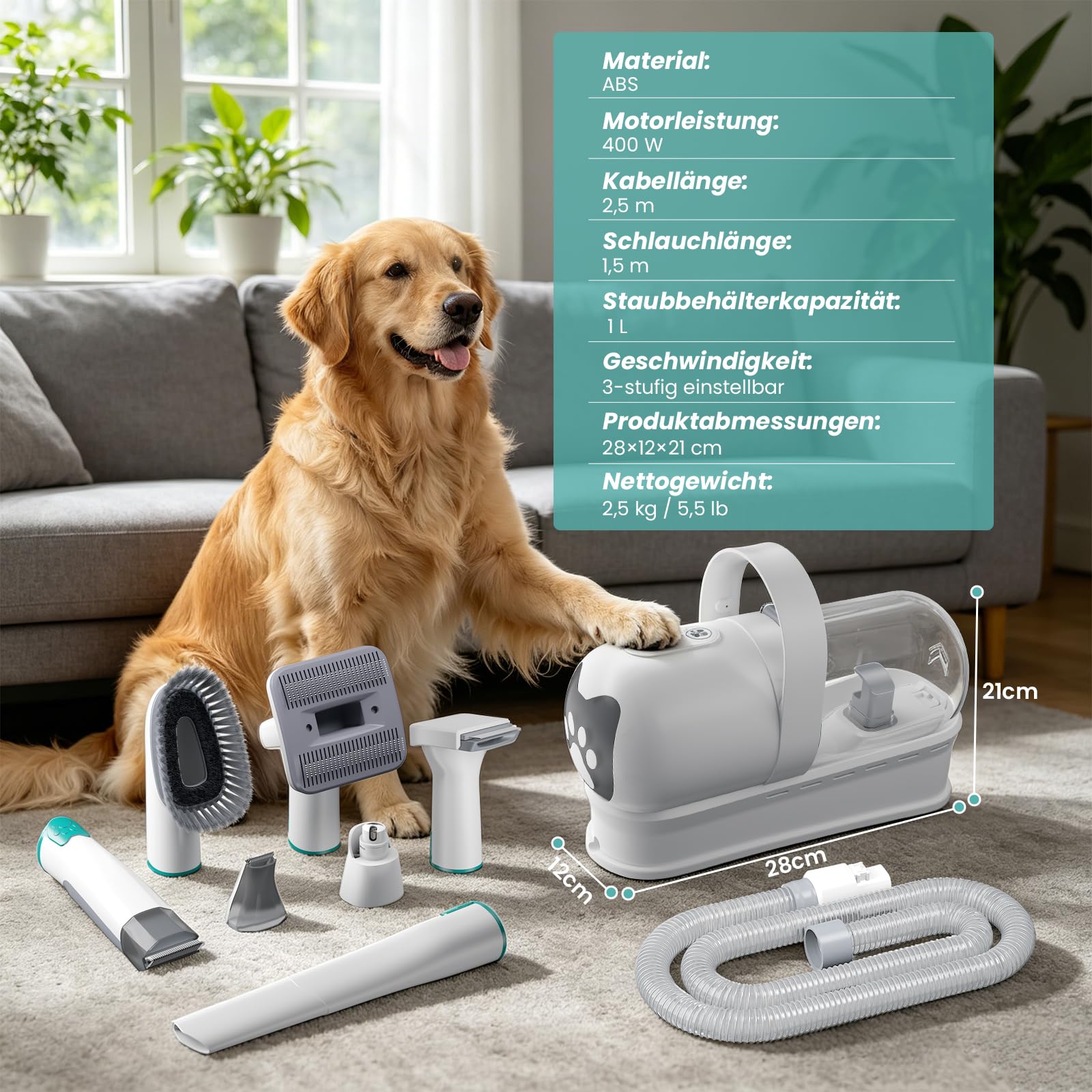 Hundeschermaschine mit Staubsauger, 13000 Pa Super Saugkraft & 99,99% Tierhaar-Aufnahme, Leise Haustierpflegeset mit 7 Pflegewerkzeugen für Hunde und Katzen