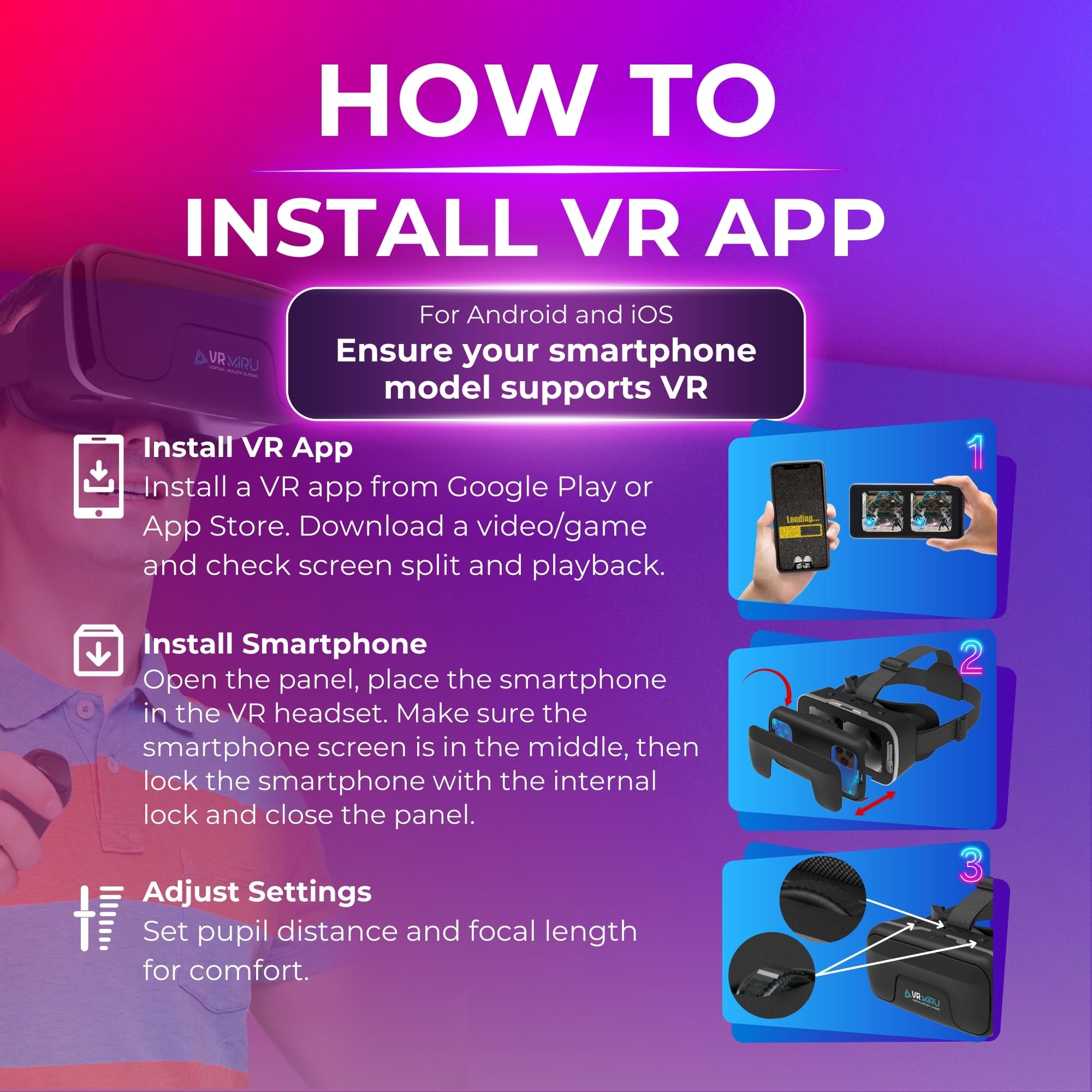 MIRU Visore Realtà Virtuale VMR700J, Occhiali 3D per Giochi e Video con Compatibilità Android e IOS, Visore VR telefono 4.7''-7'', Distanza Focale 37.5-46.5 mm, Cinghie Regolabili + Controller