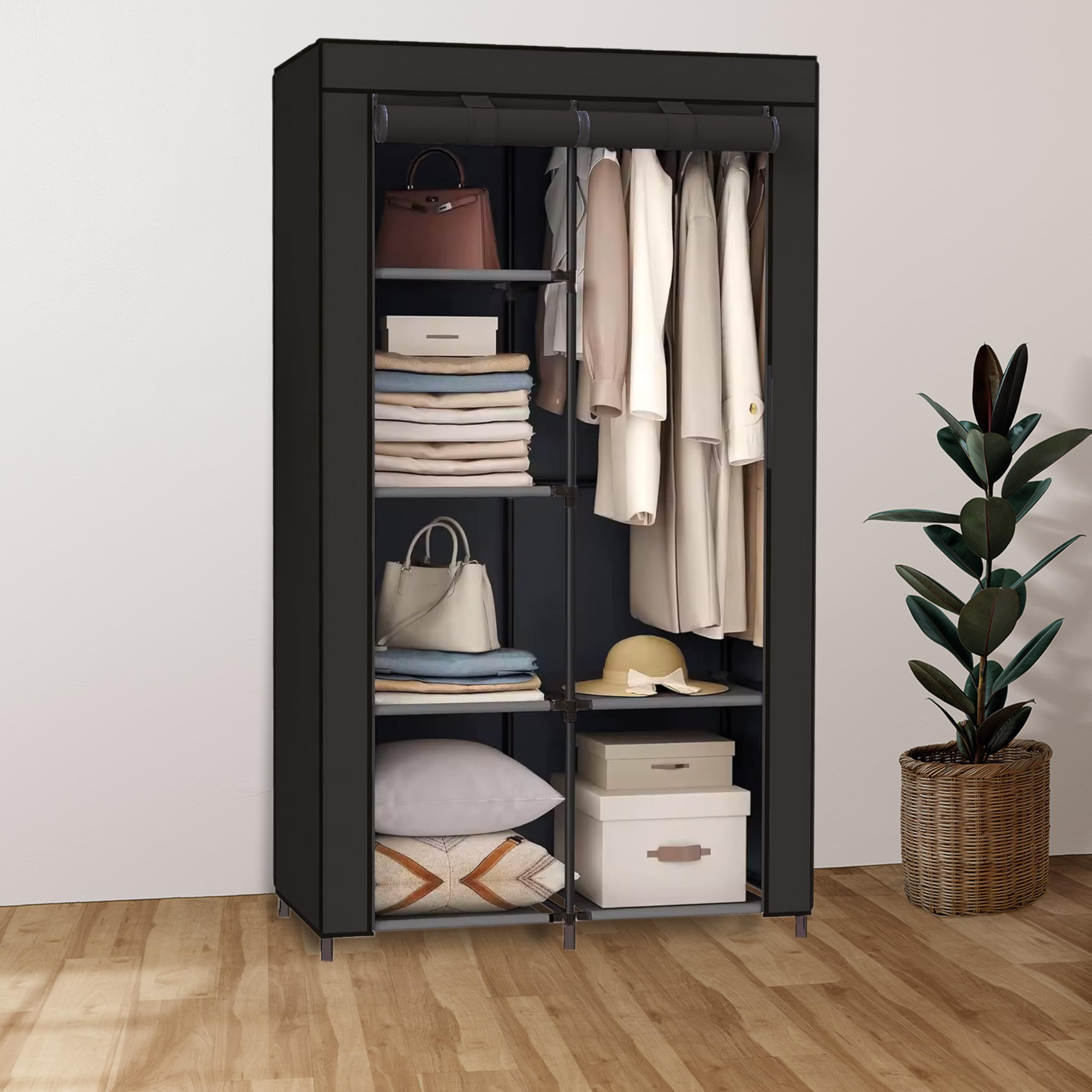 Brixy Faltbarer Kleiderschrank aus Stoff, platzsparender Garderobenschrank für Camping und Zuhause, 88 x 45 x 168 cm, Schwarz