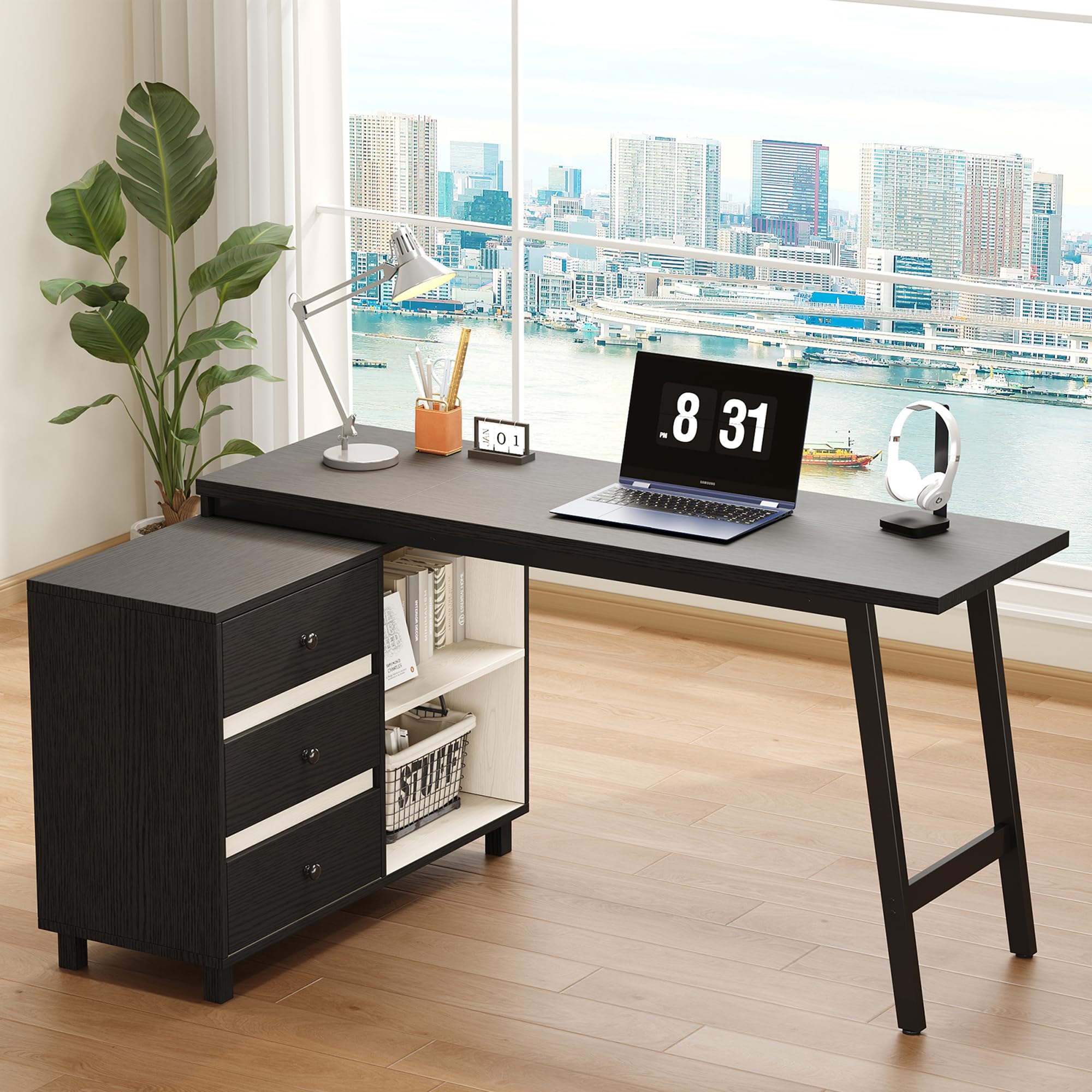 Merax Bureau d’Angle 150 x 100 cm avec 3 Tiroirs et Étagères Ouvertes, Grand Bureau Informatique en L avec Structure Métal, Table de Bureau Moderne pour Télétravail, Étude et Gaming, Noir et Blanc