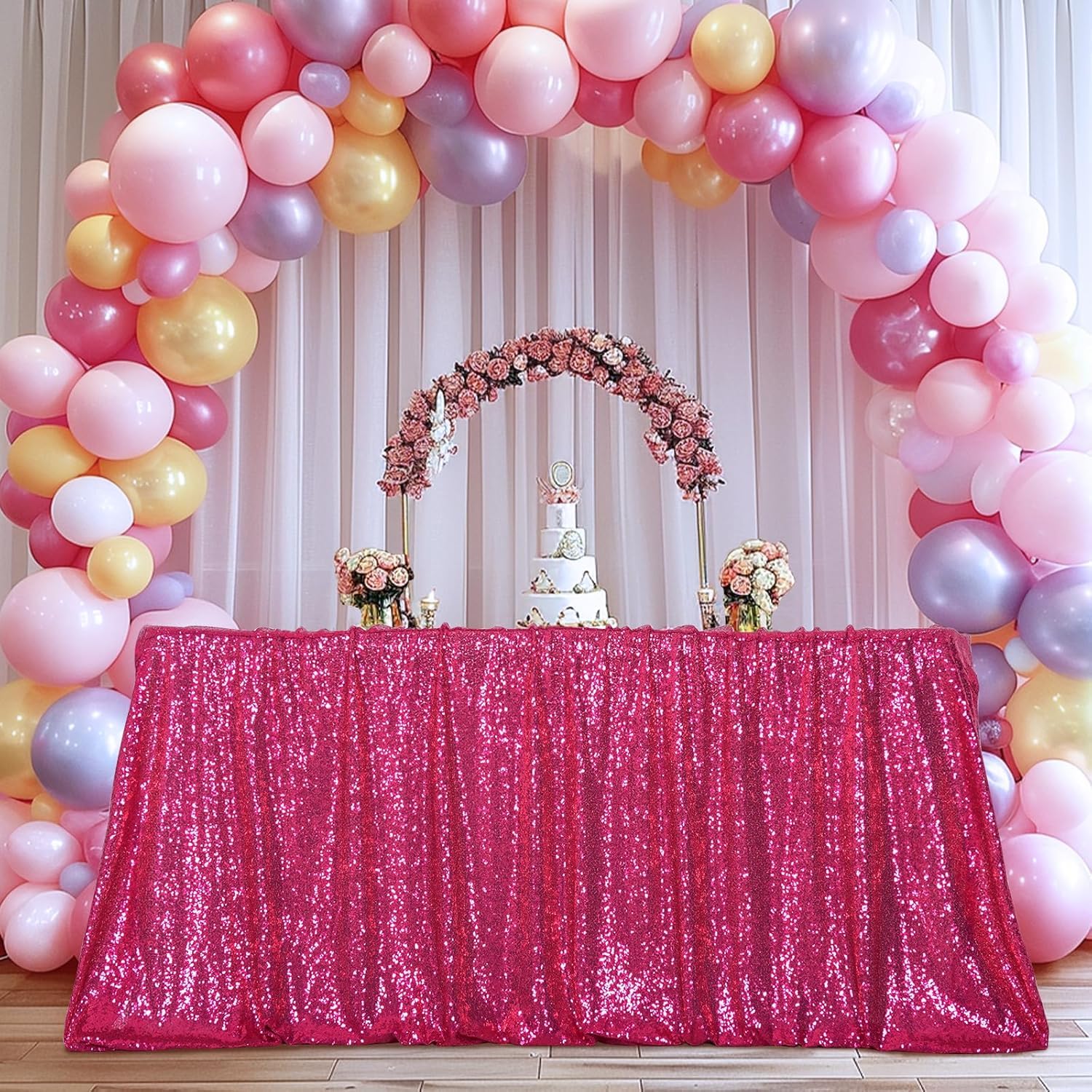 3E Home Hot Pink Sequin Tablecloth 125x200cm (50x80 Inches), Sparkly Rectangular Table Cover for Wedding, Party, Banquet