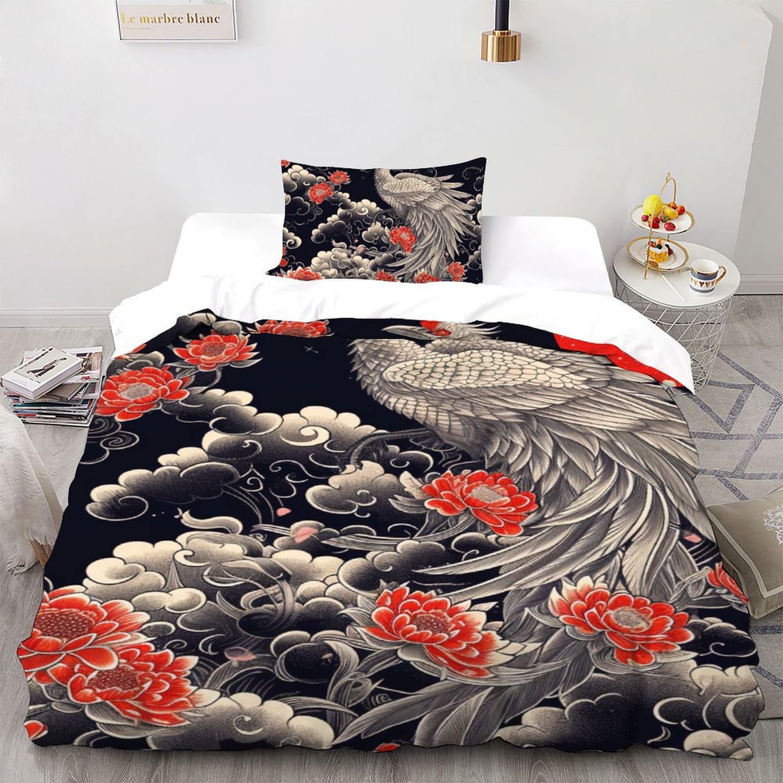 Housse de couette paon évite les plis lit 1 place 135x200 cm microfibre hypoallergénique zippée