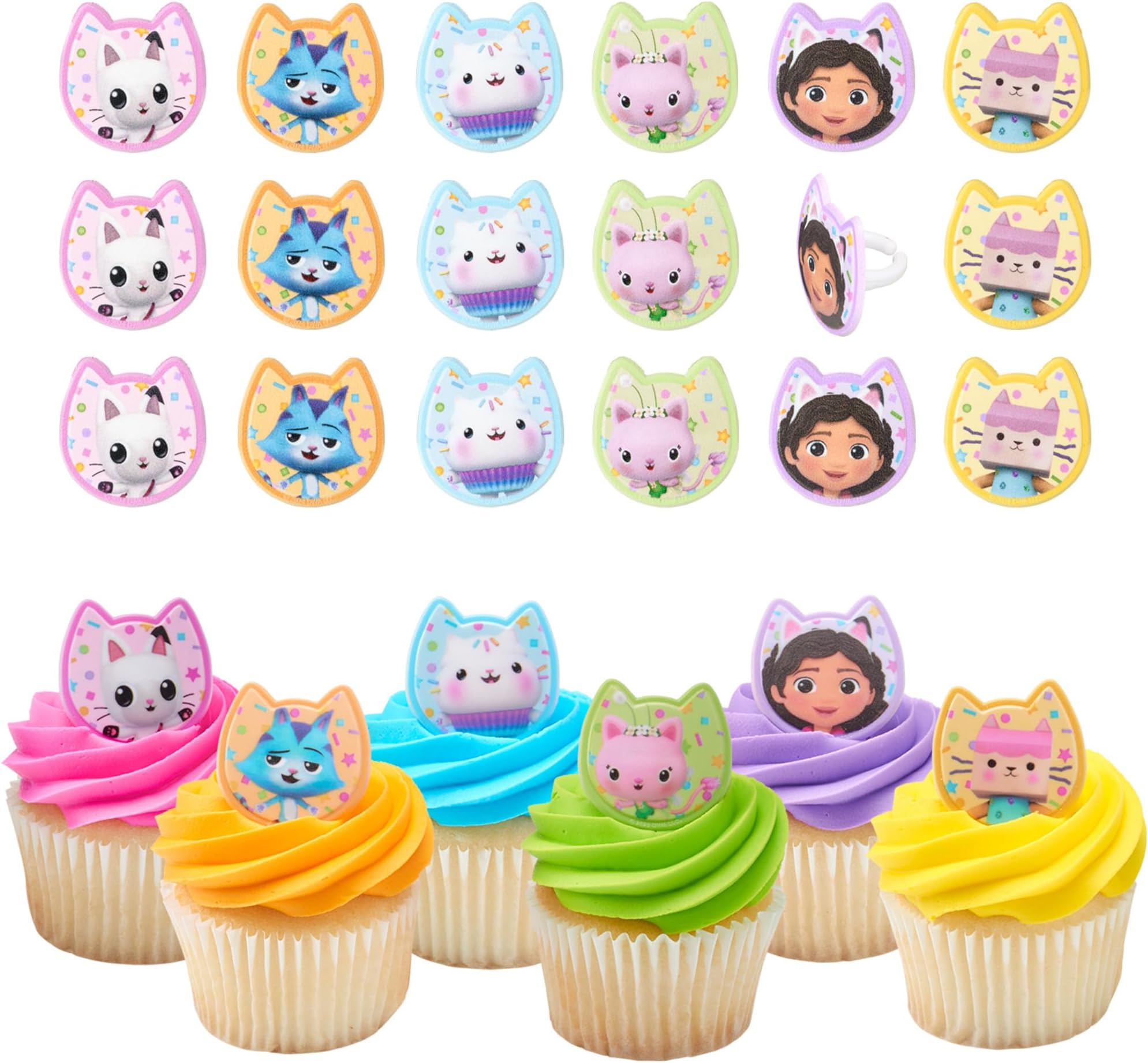 DreamWorks Gabby's Dollhouse Rings, 24 Cupcake Decorations Featuring Gabby, Pandy Paws, Irresistible Kitty Characters, and Super Fun Adventures! - 24 Pack