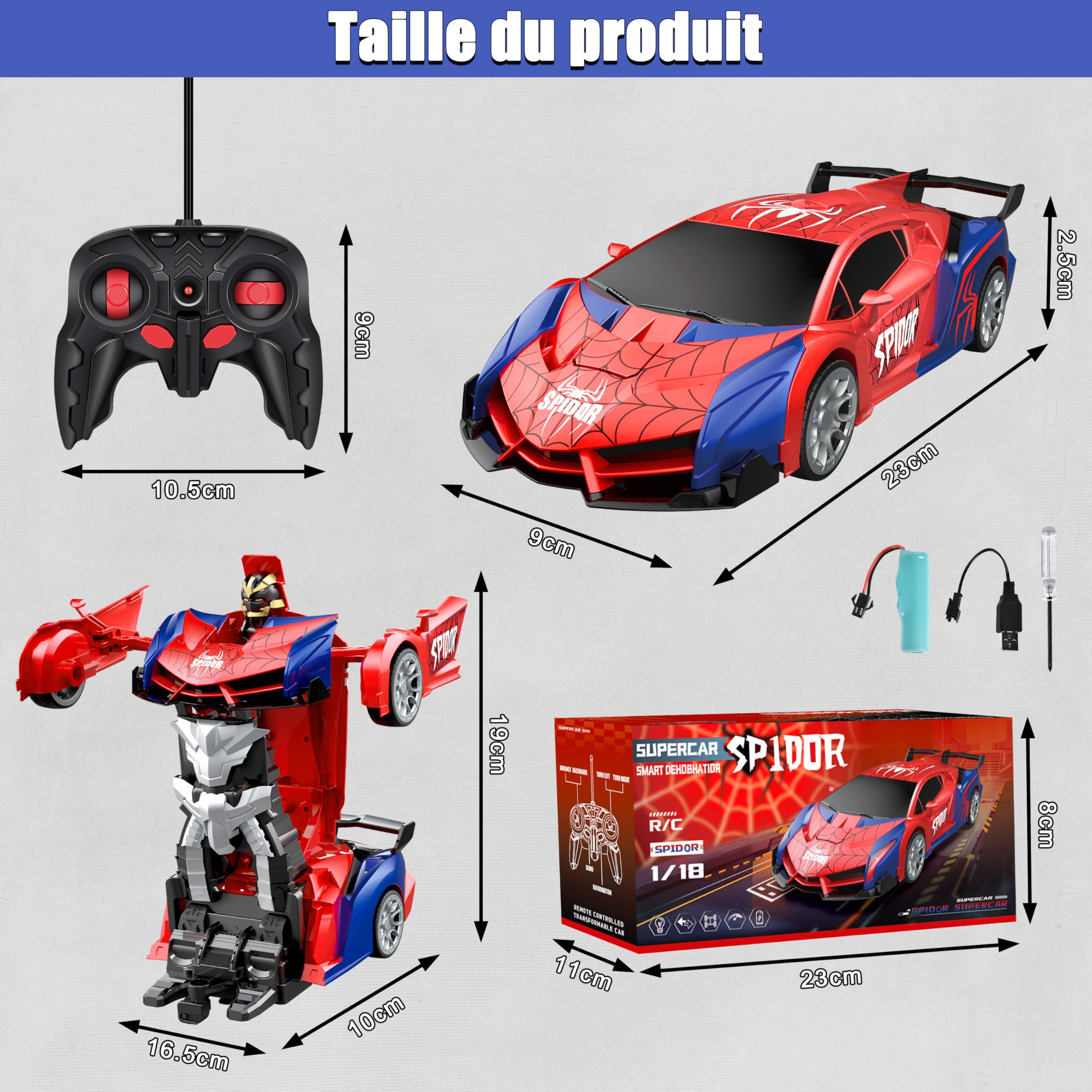 Herefun Transformateur de voiture télécommandée, jouet pour garçons et filles à partir de 8 ans, robot télécommandé, jouet RC avec câble de charge, robot transformateur 2 en 1, pour enfants cadeaux