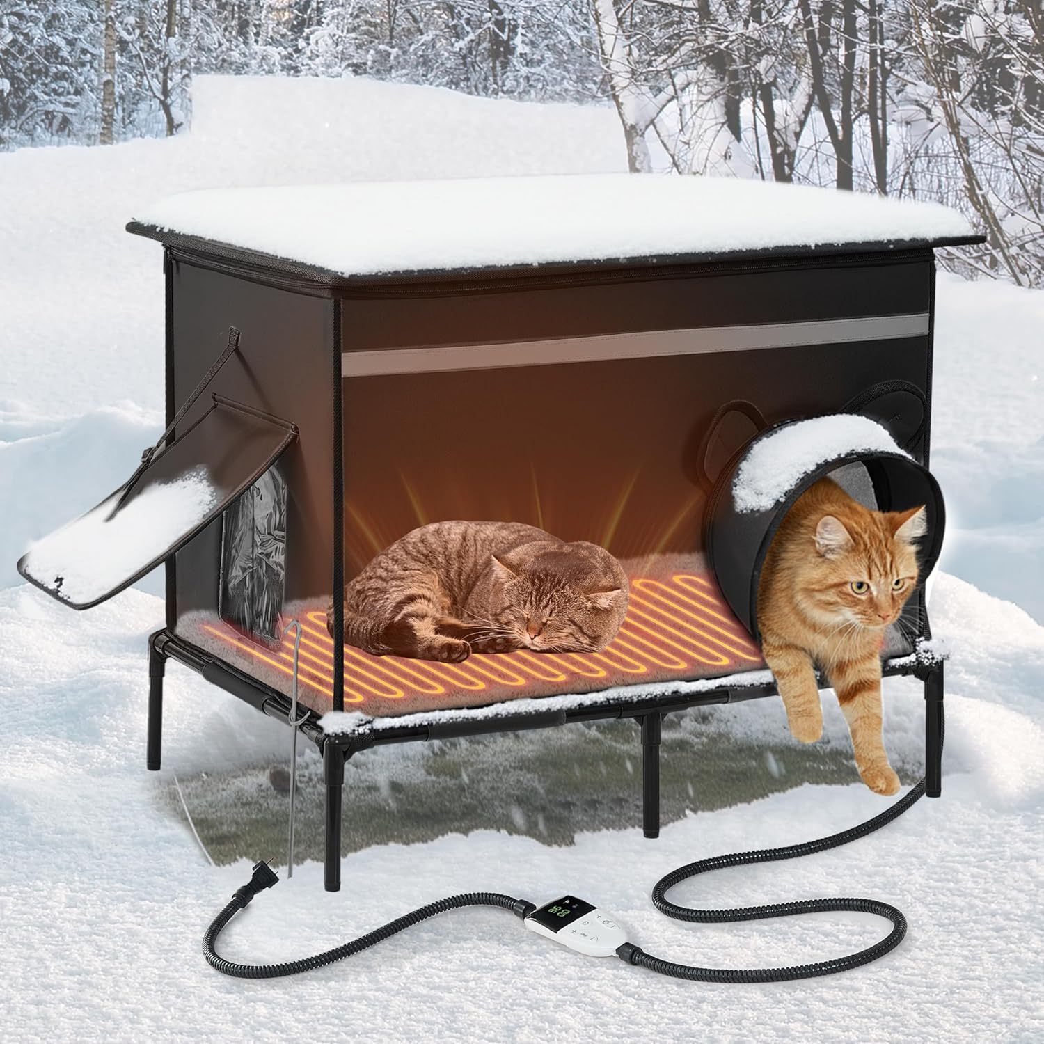 Ciokea X-Large Outdoor Cat House, Heated Cat House for Winter, All-Round Insulated Feral Cat Shelter Weatherproof Elevated Cat Home for Outside with Adjusted Temperature, 2 Escape Door, Dark Grey