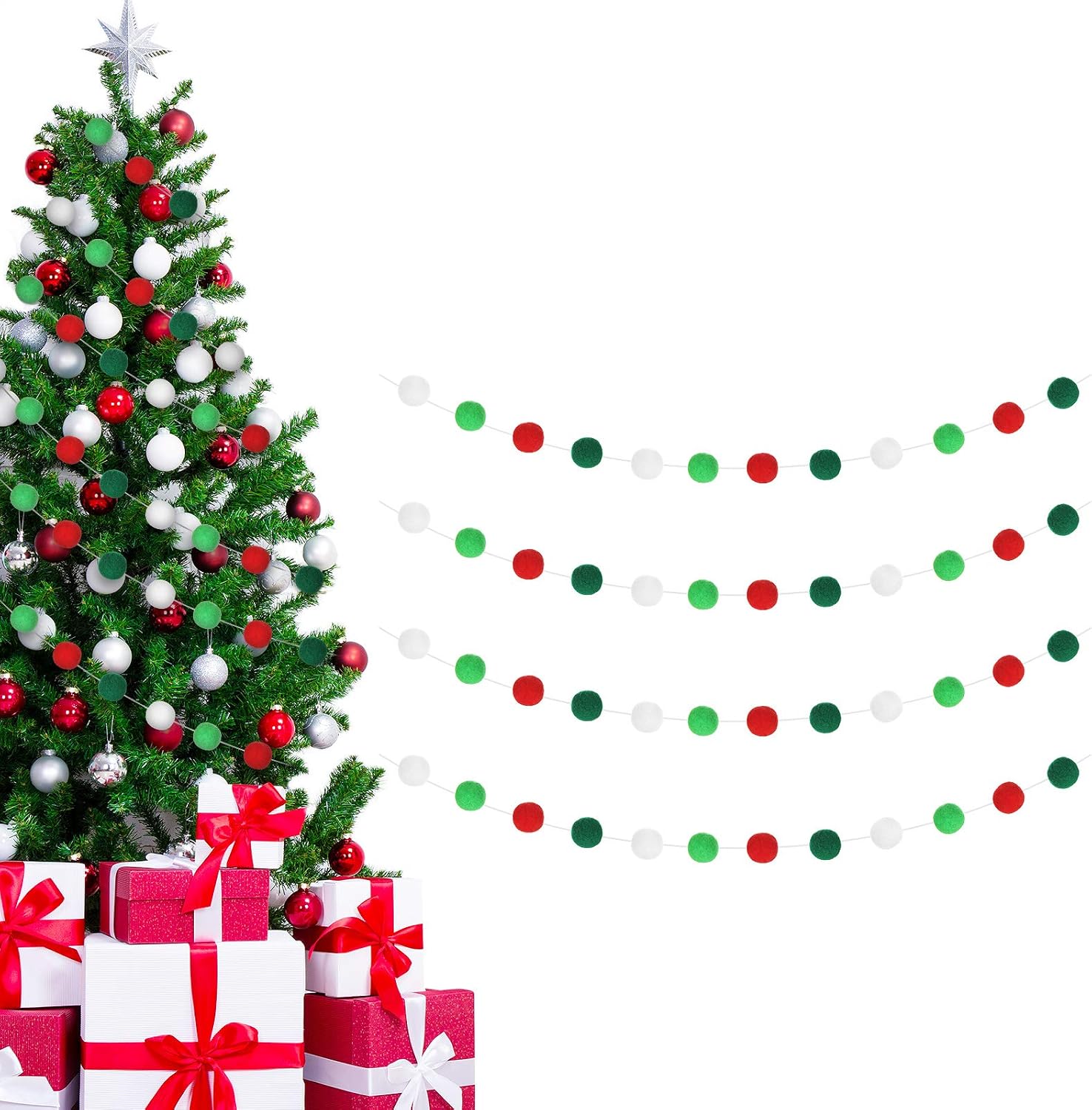 WILLBOND 4 Pack Christmas Felt Ball Pom Pom Garland, Stylish Colors