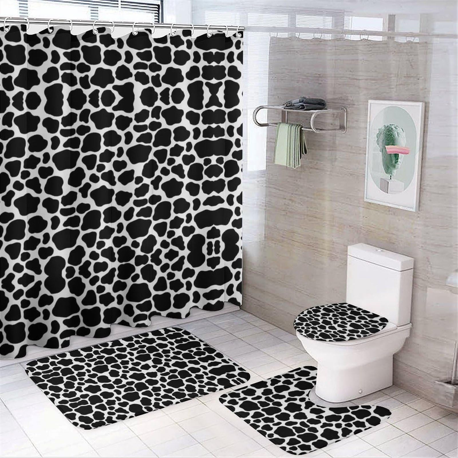 Wlntrophic Bathroom Mat Set 4 Piece, Cow Pattern Milk Cow Shower Curtain with Non-Slip Bath Mats for Bathroom
