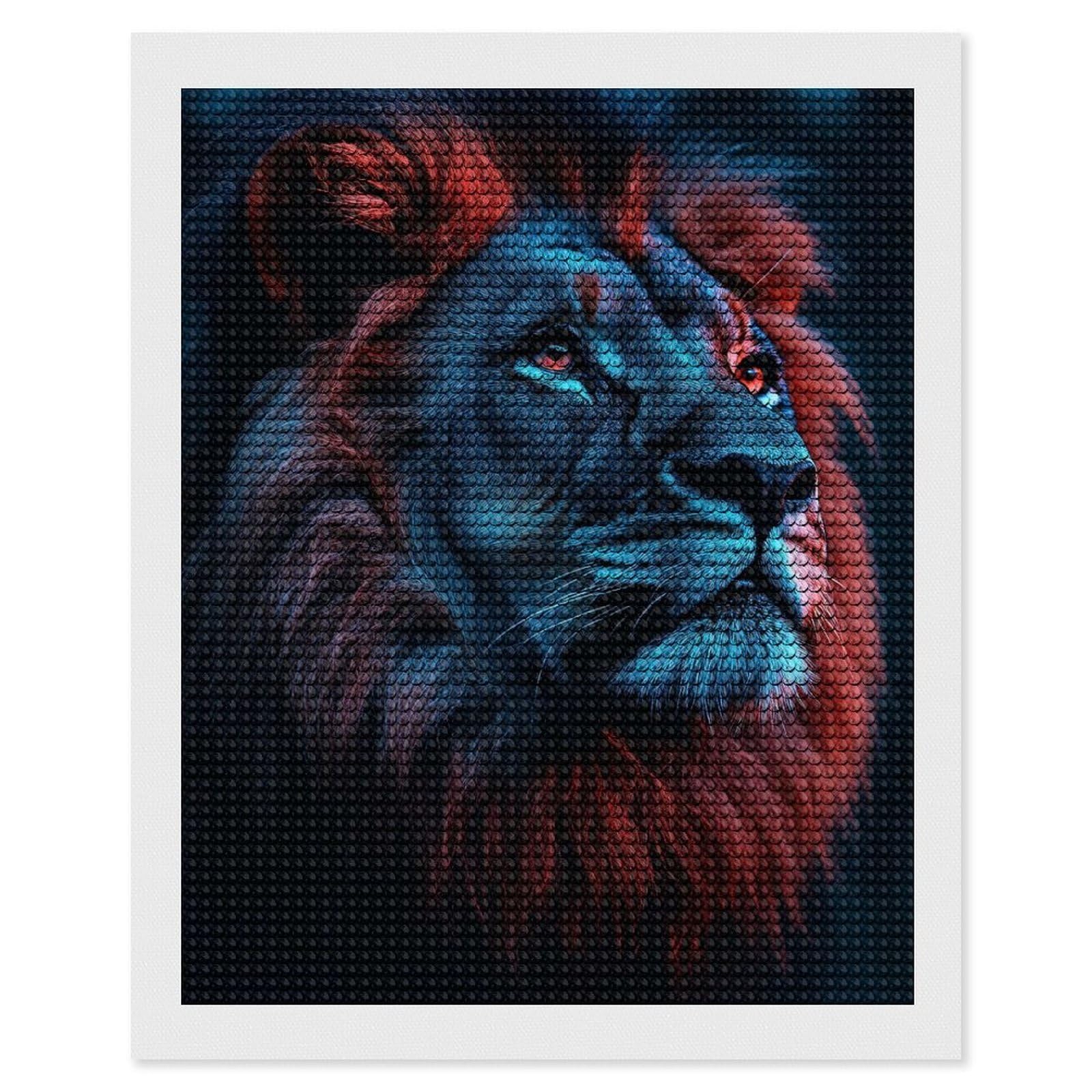 Junmoney Lion Portrait with Red and Blue Lighting Diamond Art Canvas 16"x20", for Family Craft Time, Creative Leisure Activity, Living Room Decor, Festive Craft Gift