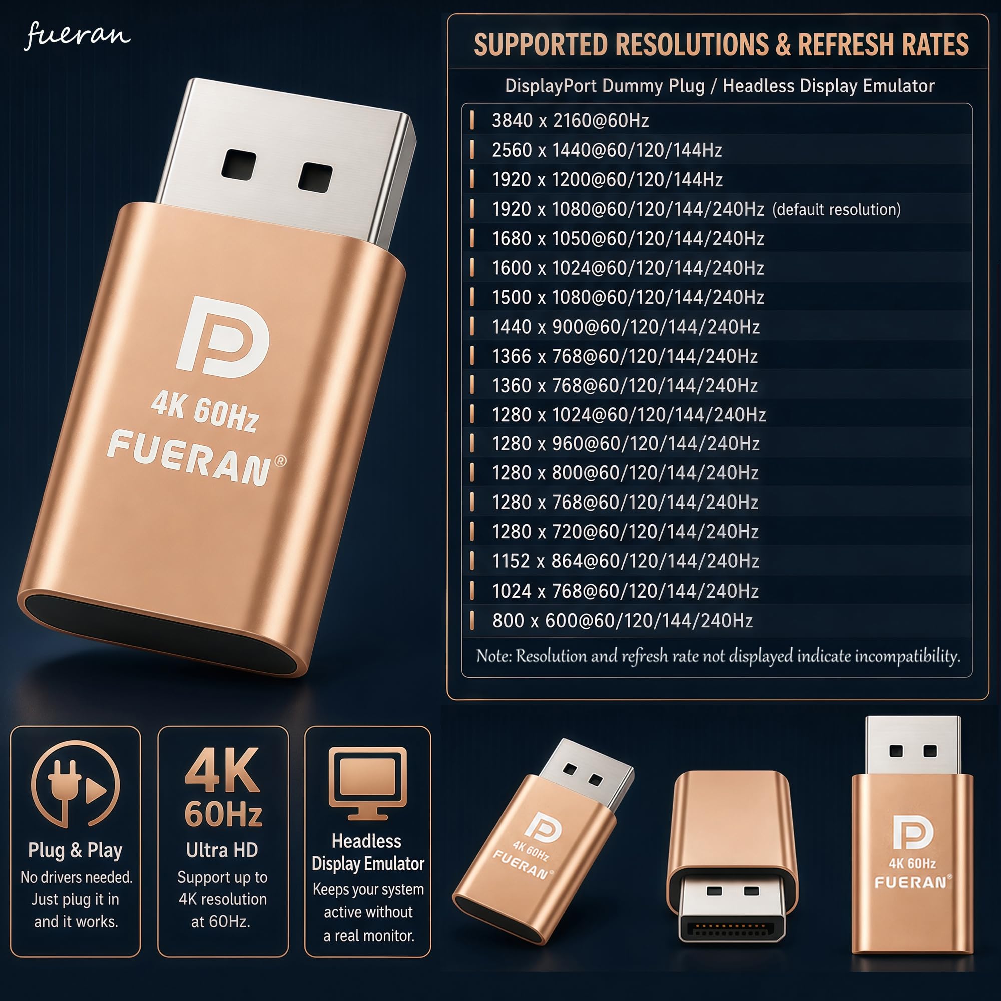 Prise factice 4K 60Hz HDR DP 3840x2160@60Hz 1440P @120/144Hz 1080P@120/144/240Hz émulateur d'affichage virtuel Displayport, adaptateur d'affichage fantôme sans tête, moniteur EDID (3, doré)