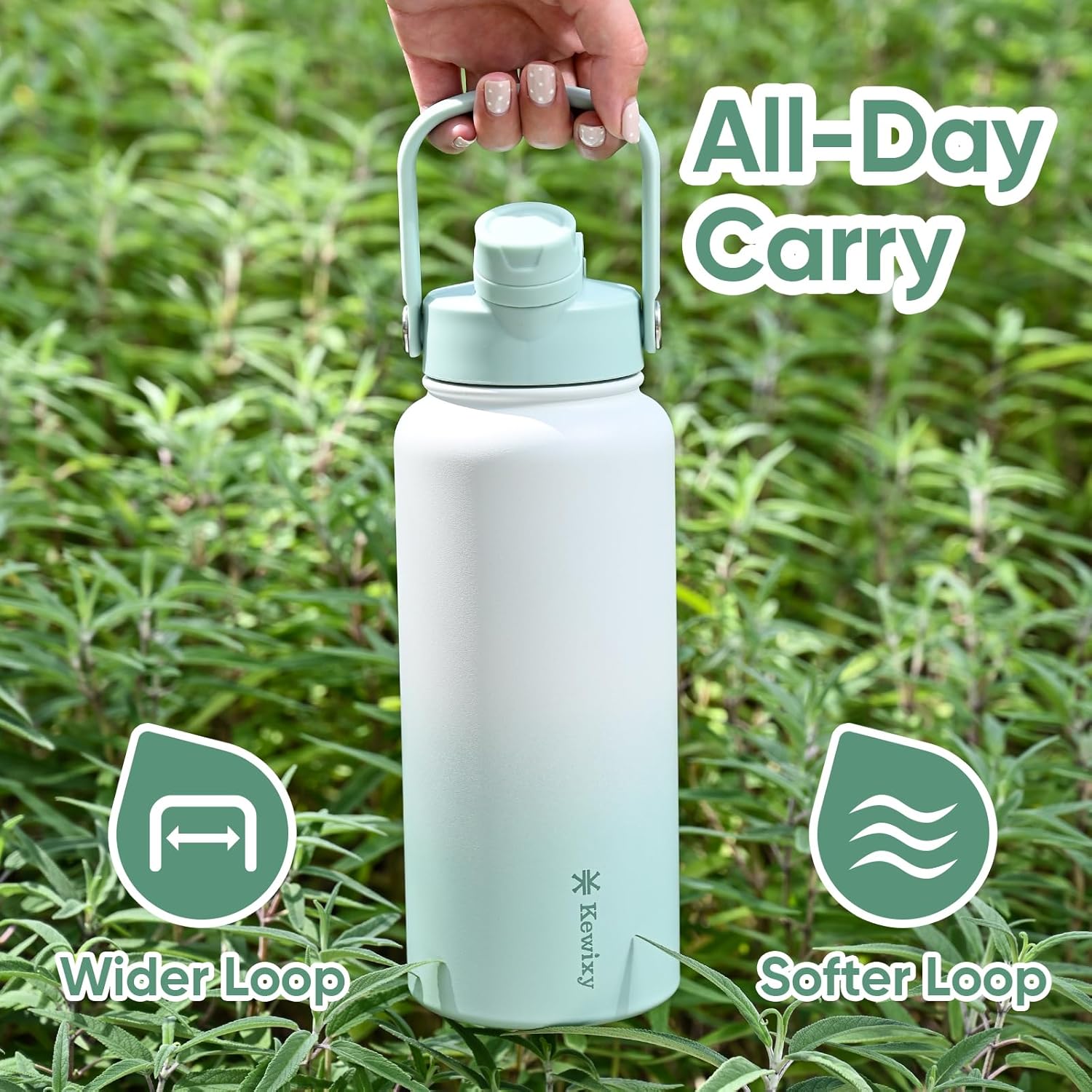 32 oz Insulated Water Bottle, 2-in-1 Lid, Straw & Spout with Protected, Leak Proof, Keep Cold, Stainless Steel, Metal, Reusable, Handle, for Outdoor, Gym and School, 2 Lids, Iced Mint - Image 5