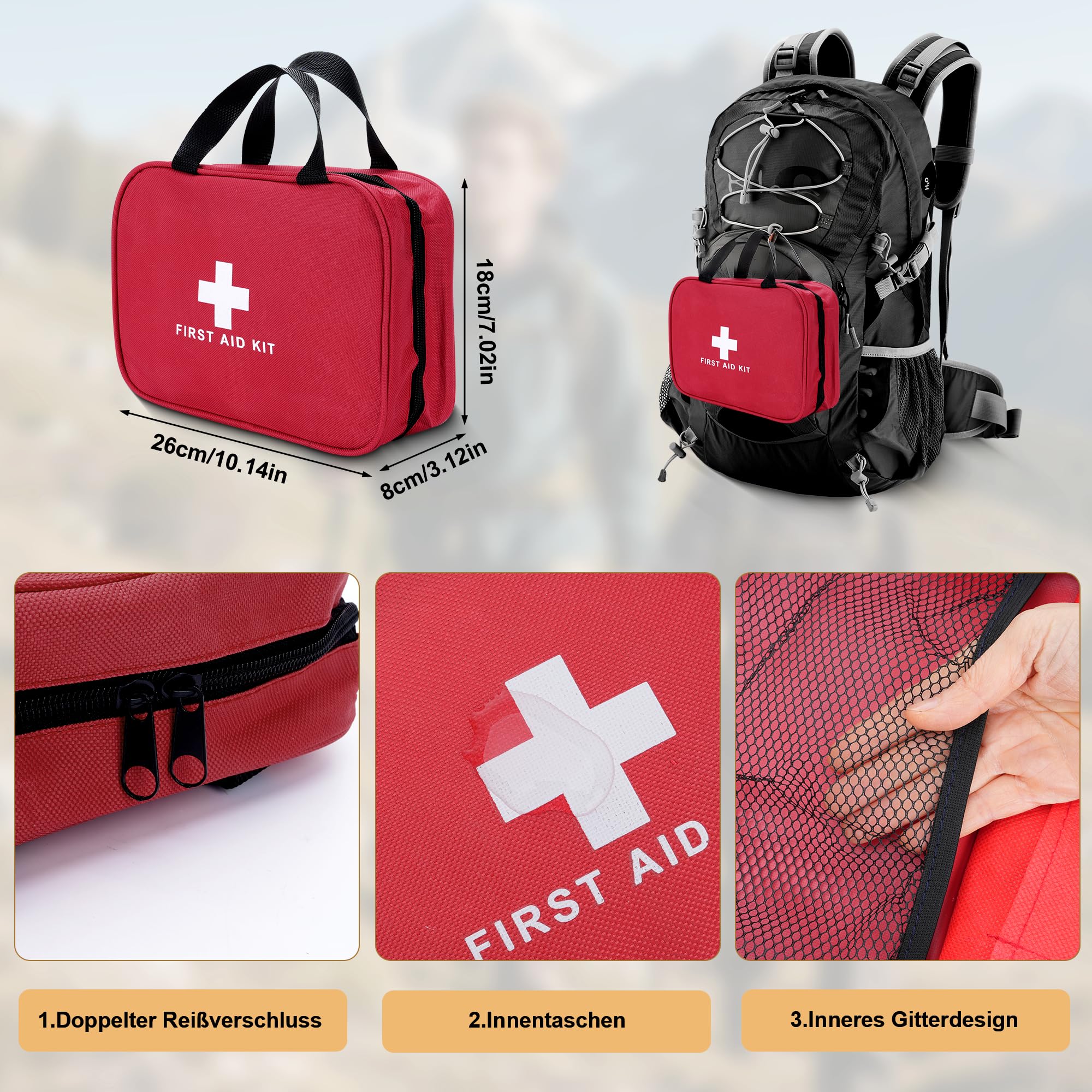 Kit de primeros auxilios botiquin de primeros auxilios 170 piezas, 25x18x8cm kit supervivencia kit emergencia para coche casa lugar trabajo mochila y acampar