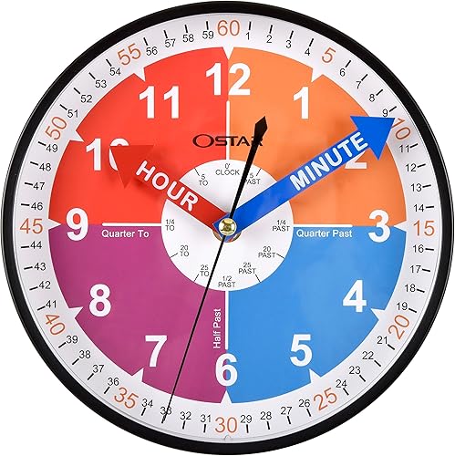 OSTAR Telling Time - Reloj de pared para enseñanza, analógico, silencioso, para decoración de habitación de niños, funciona con pilas