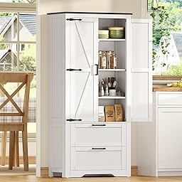 TEENFON 66.2" H Pantry Cabinet, Farmhouse Kitchen Pantry Cabinet with 2 Drawers & Adjustable Shelf, Bathroom Storage Cabinet, for Living Room, Kitchen, Bathroom, White