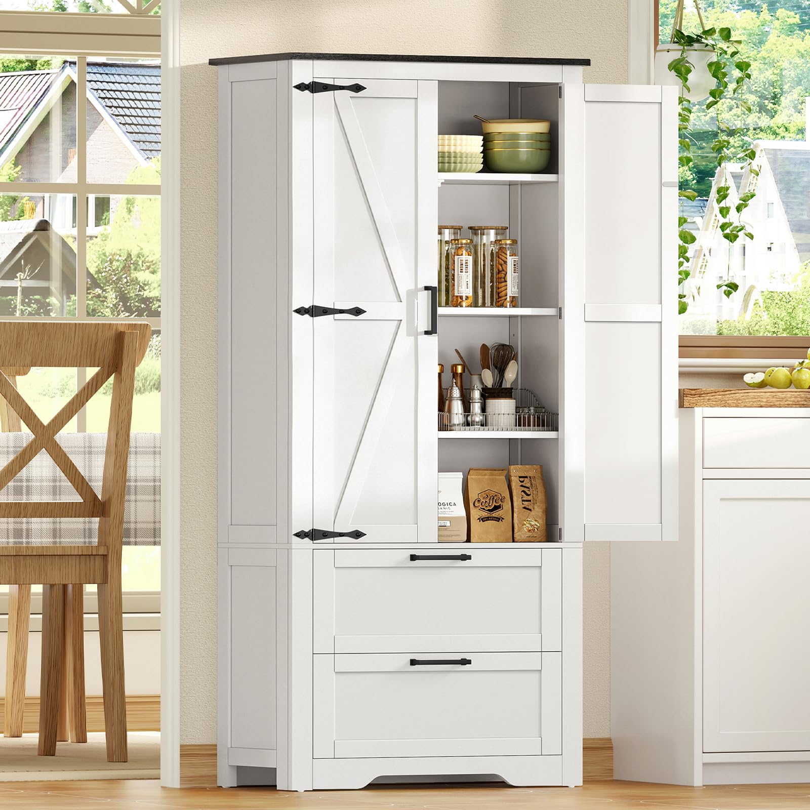 TEENFON 66.2" H Pantry Cabinet, Farmhouse Kitchen Pantry Cabinet with 2 Drawers & Adjustable Shelf, Bathroom Storage Cabinet, for Living Room, Kitchen, Bathroom, White - 1