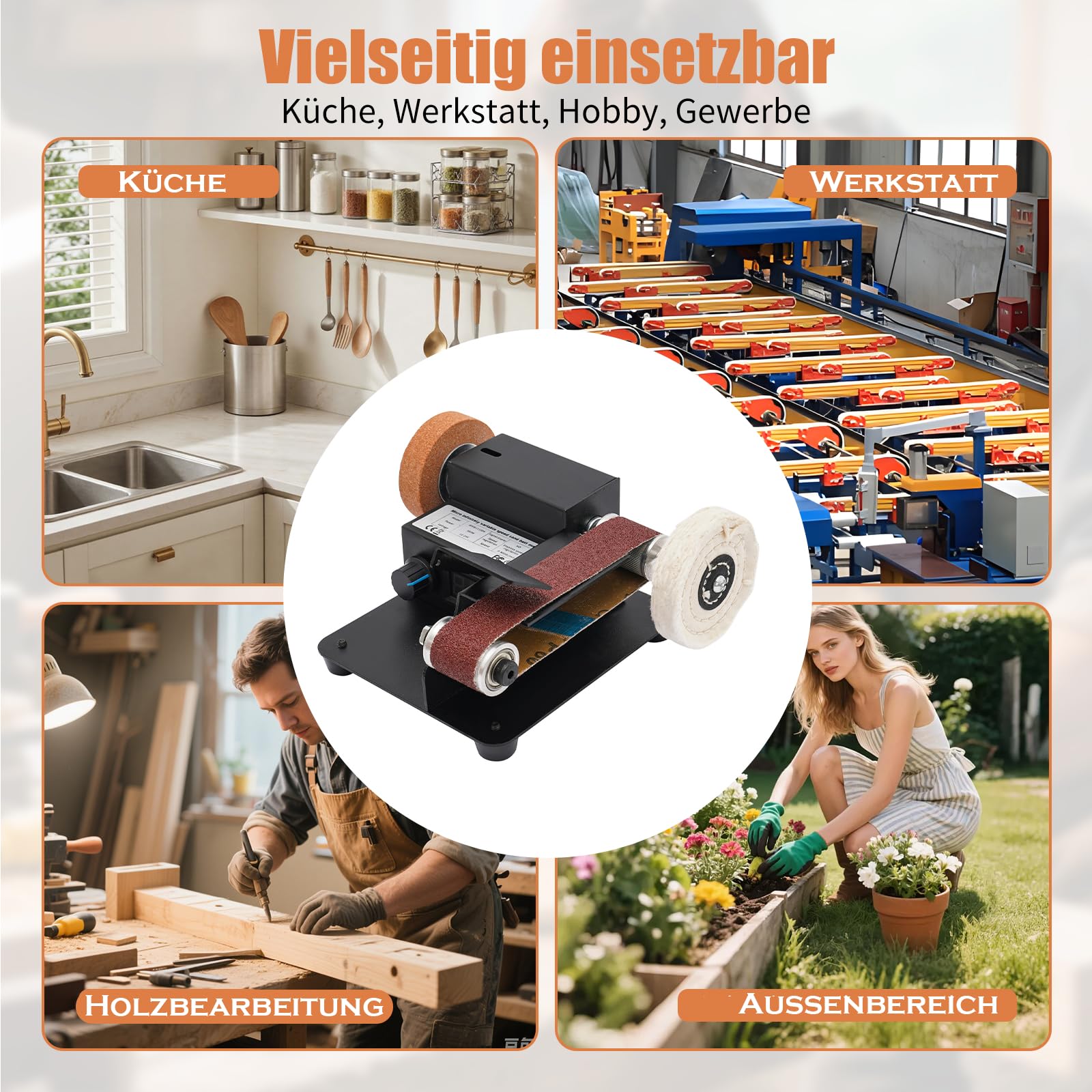 OUKANING Mini Band Sander 350W - Lijadora eléctrica para mesa con 0-10000 RPM, 7 velocidades de regulación de velocidad continua, incluye 10 bandas de lijado, disco abrasivo y accesorio de pulido como