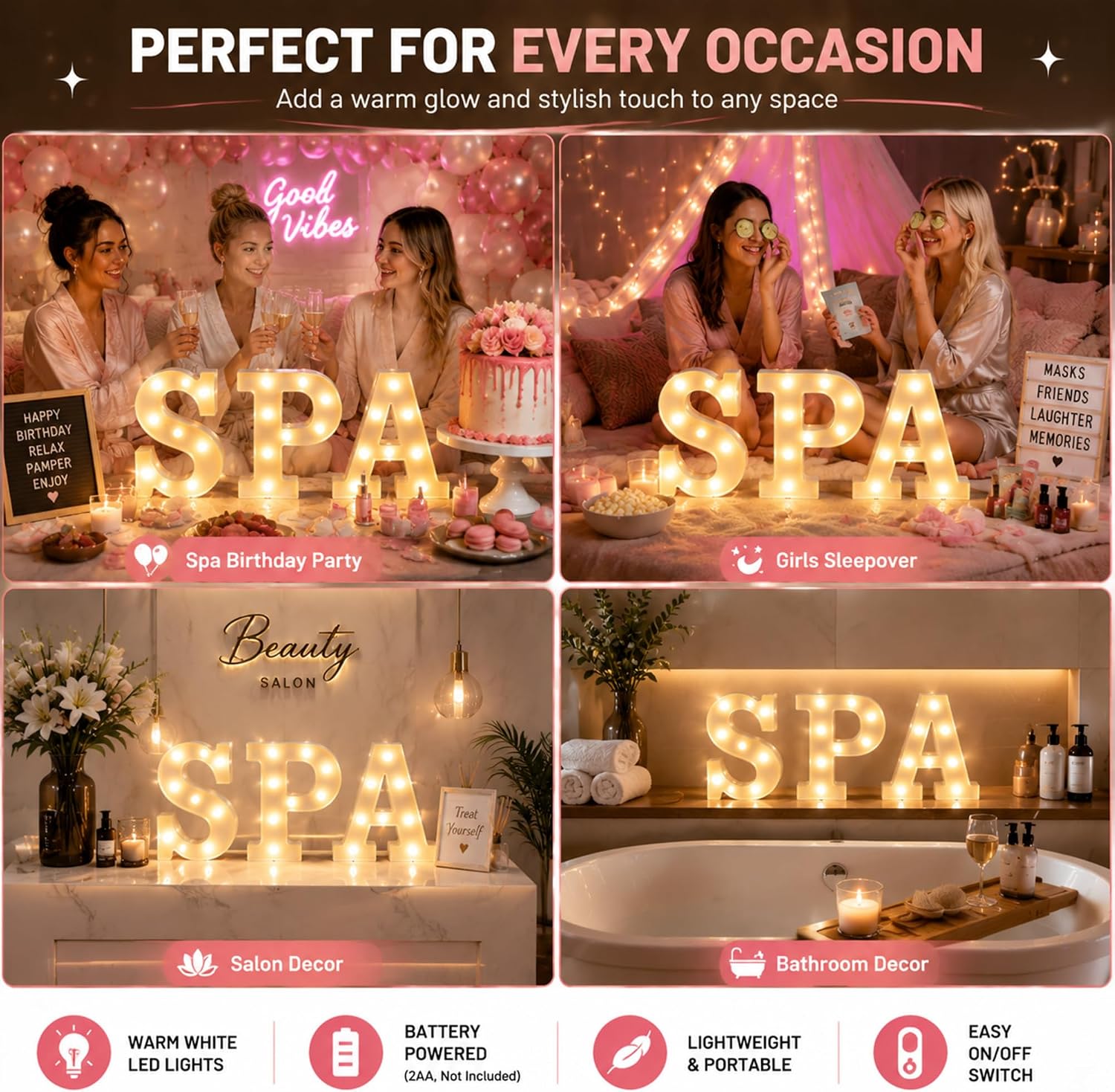 Aurelema 3 Pcs Spa LED Letter Lights Battery Powered for Party Salon Decor image 5