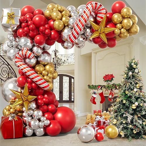 Bonropin Kit de arco de guirnalda de globos de Navidad con globos rojos y dorados de Navidad, globos de bastón de caramelo, caja de regalo, globos
