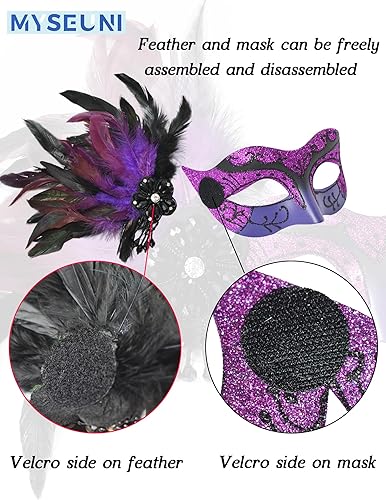 Miniatura 3 de Máscara de mascarada para parejas, color morado, máscara de plumas para pareja y máscara veneciana para fiesta de máscaras, Mardi Gras, Halloween,