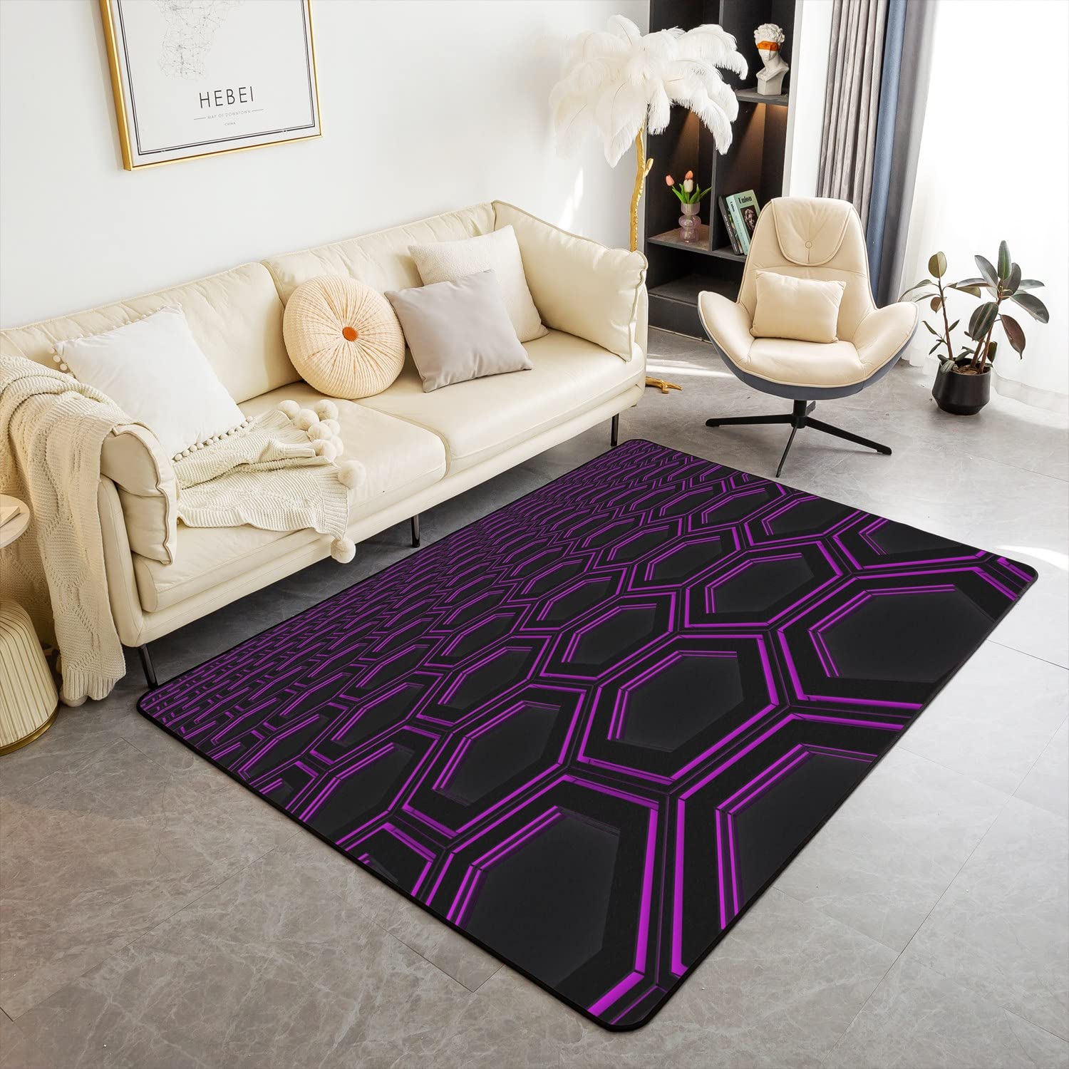 Tapis de Salon en nid d'abeille violet chambre hexagonale Tapis de Salon 100x150cm chambre balcon Décoration Géométrique Tapis Décoration Tapis nid d'abeille Tapis de sol intérieur chambre à coucher