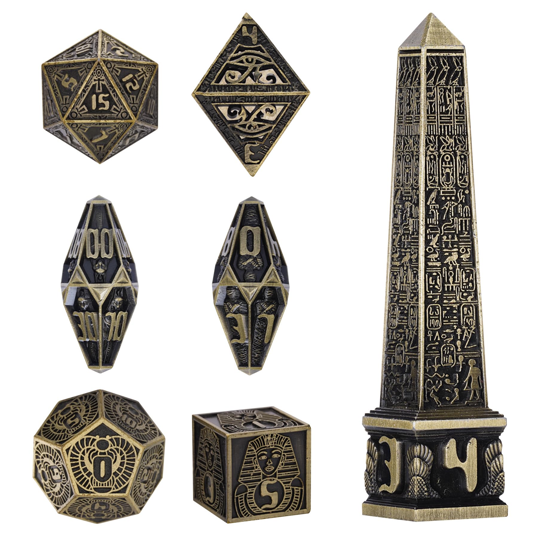Neteru Dice Set - Egyptian Gods-Themed Metal DND Dice Set 7-Piece Polyhedral RPG Dice for Dungeons and Dragons, Collector's Gift D20 D12 D10 D00 D8 D6 D4 (Brass)