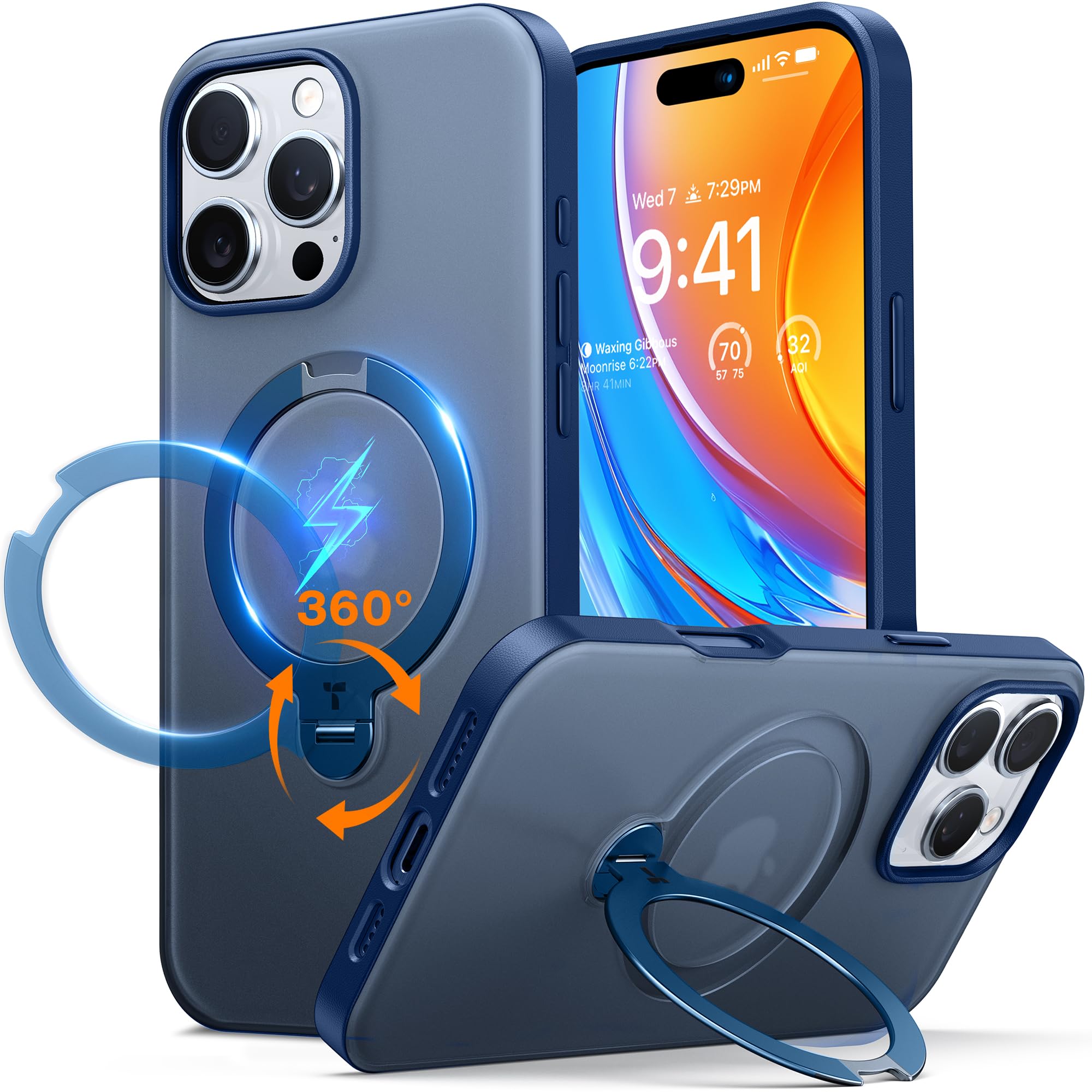 TORRAS Upgraded 360°Spin Magnetic Stand for iPhone 16 Pro Case, Fit for MagSafe, Built-in Kickstand & Ring Holder, Mil-Grade Protective Soft Edge Translucent Slim Case for iPhone 16 Pro, Blue 6.3''
